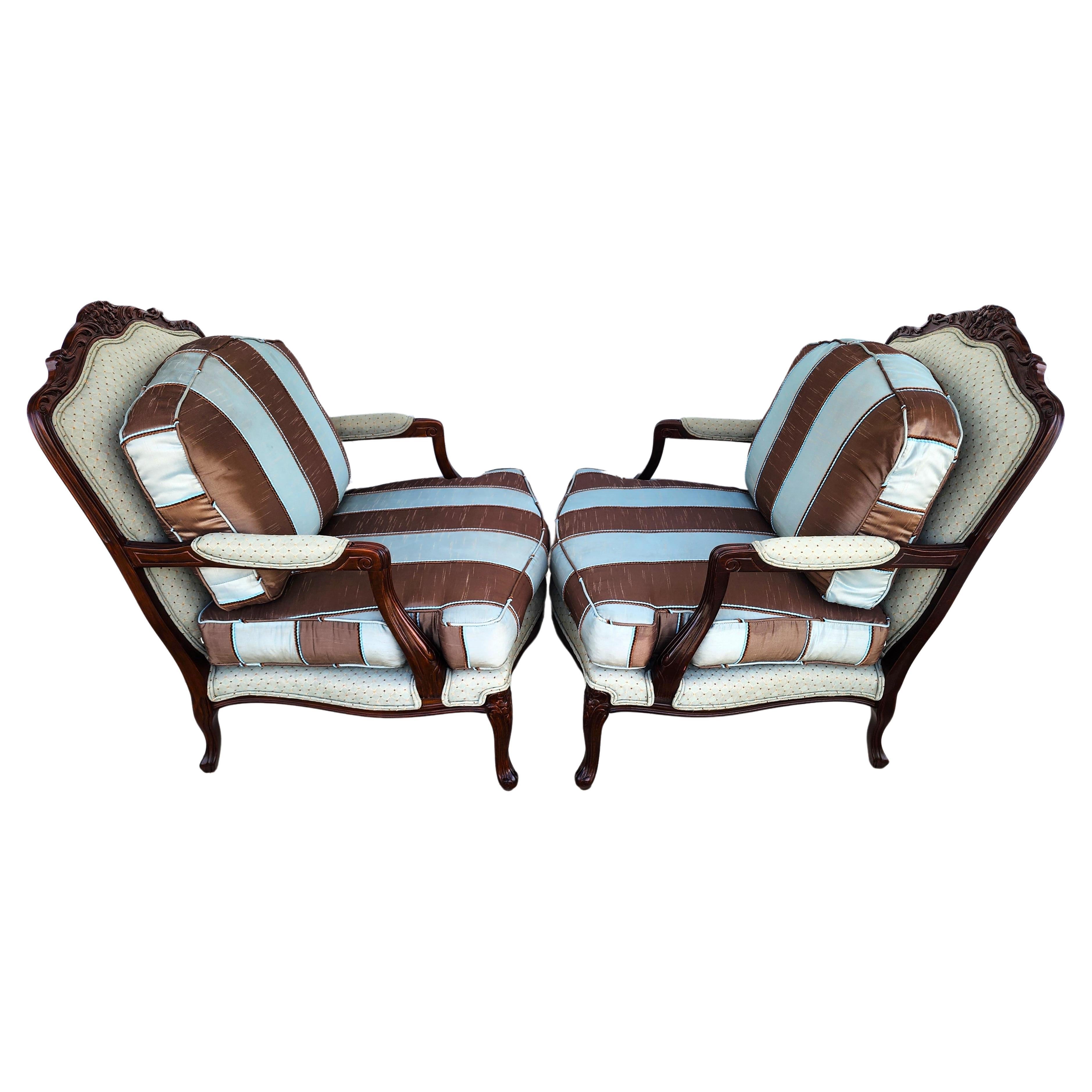 French Provincial Bergere Lounge Chairs Louis XV Silk For Sale