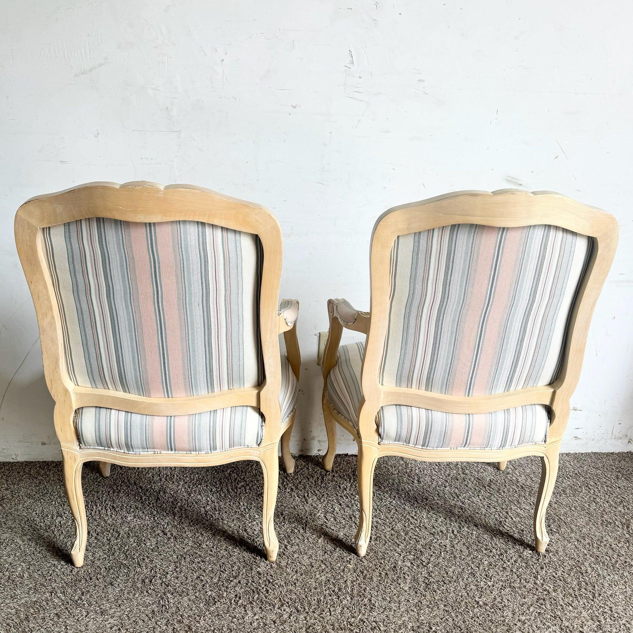 French Provincial Blonde With Blue and Pink Striped Fabric Arm Chairs - a Pair In Good Condition For Sale In Delray Beach, FL