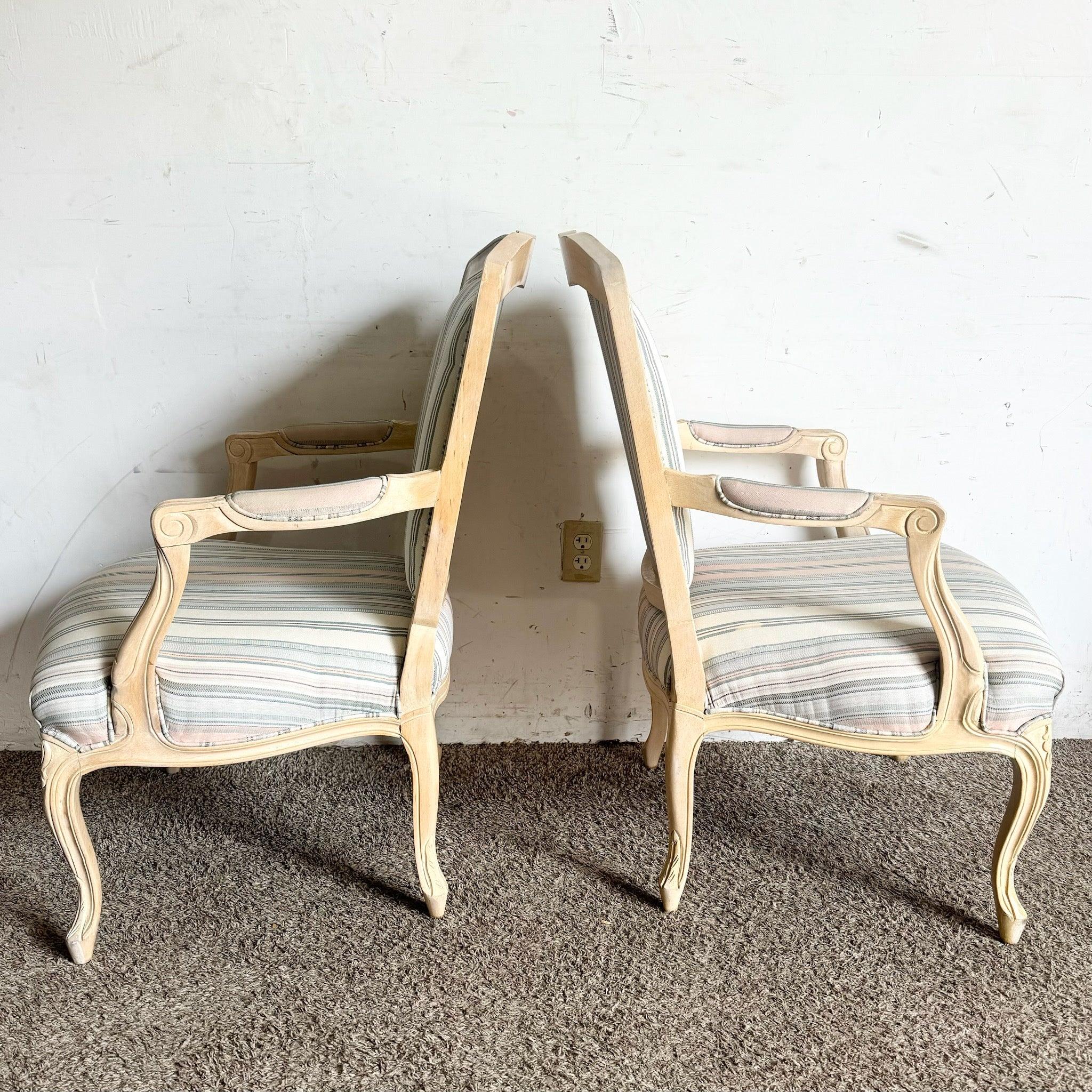 Late 20th Century French Provincial Blonde With Blue and Pink Striped Fabric Arm Chairs - a Pair For Sale