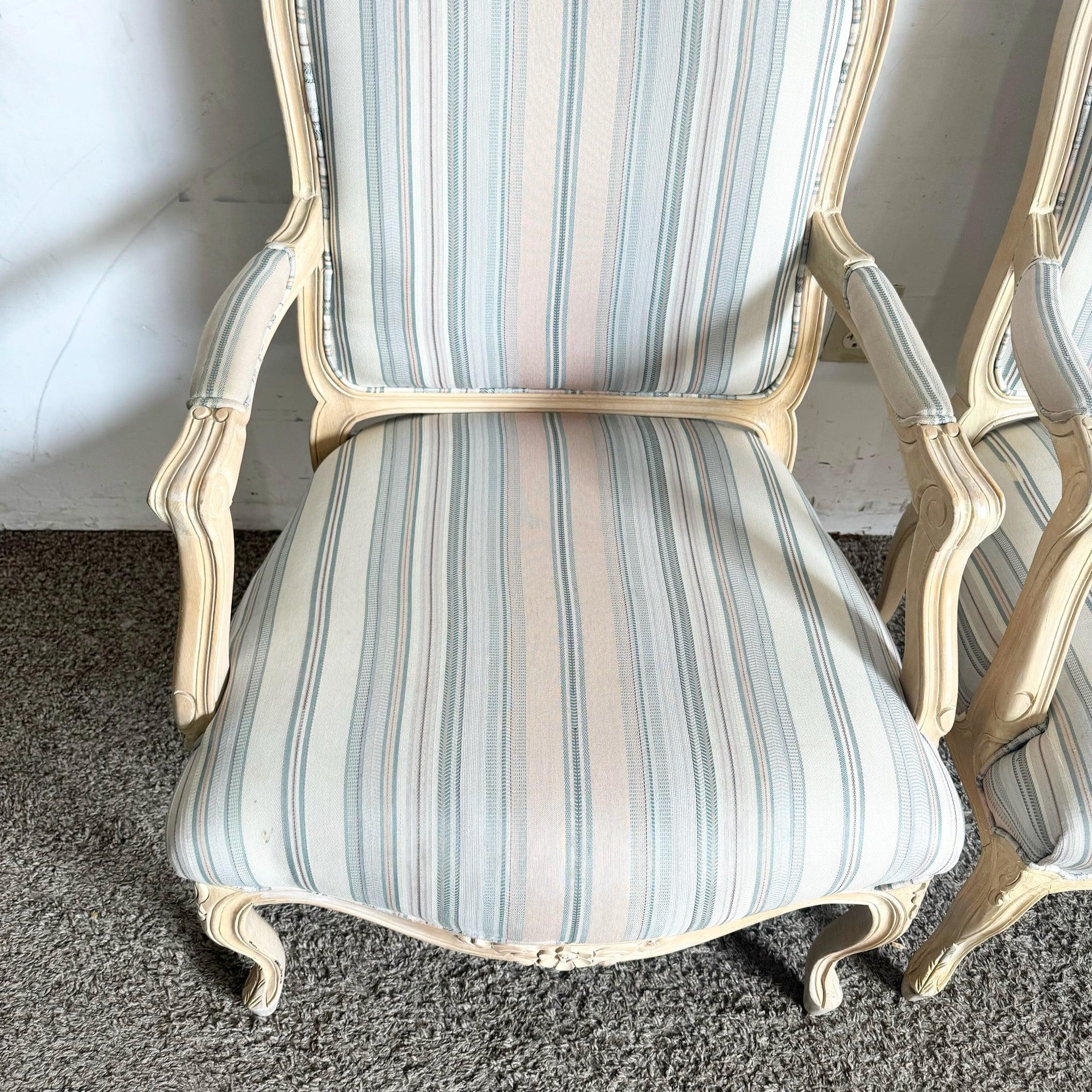 Upholstery French Provincial Blonde With Blue and Pink Striped Fabric Arm Chairs - a Pair For Sale