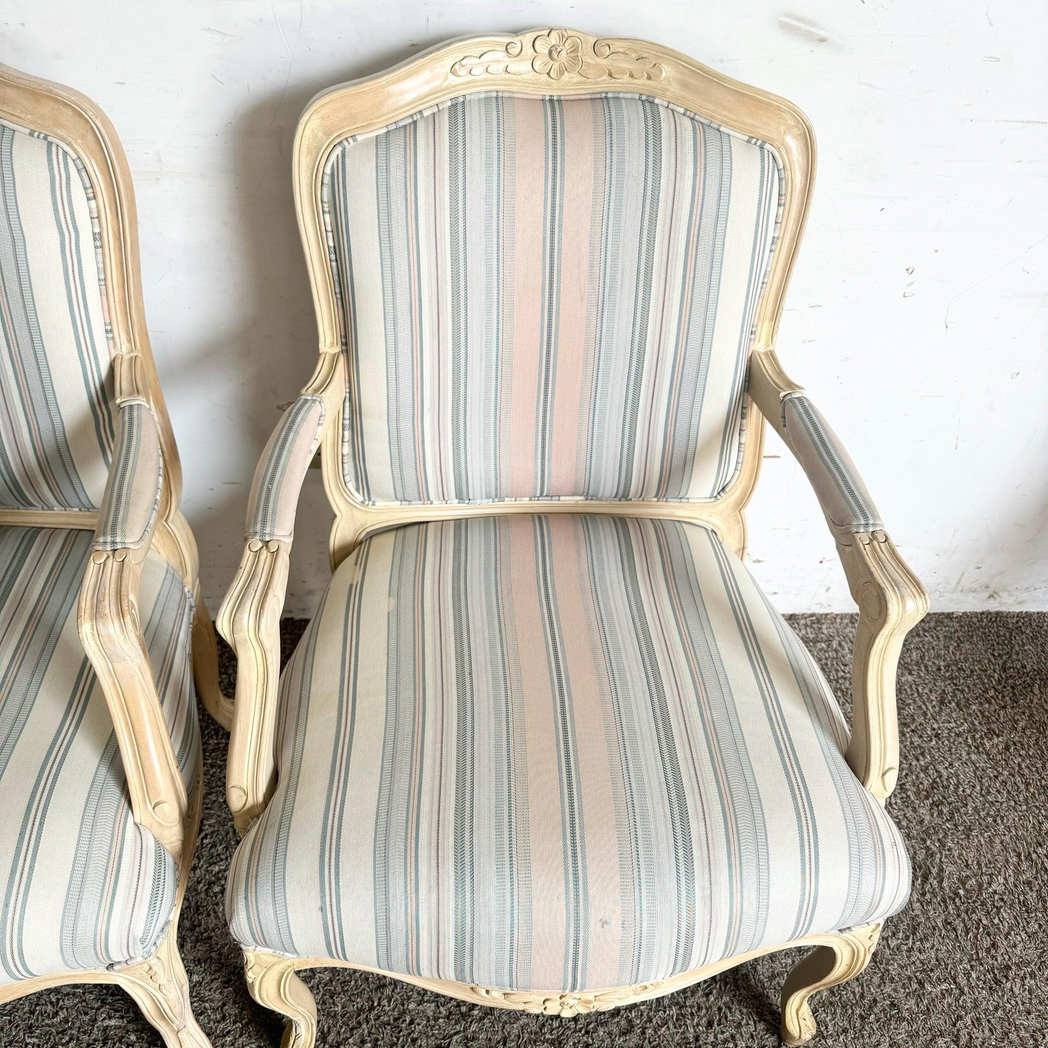 French Provincial Blonde With Blue and Pink Striped Fabric Arm Chairs - a Pair For Sale 1
