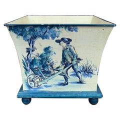 French Provincial Blue and White Tole Cachepot Planter Vase