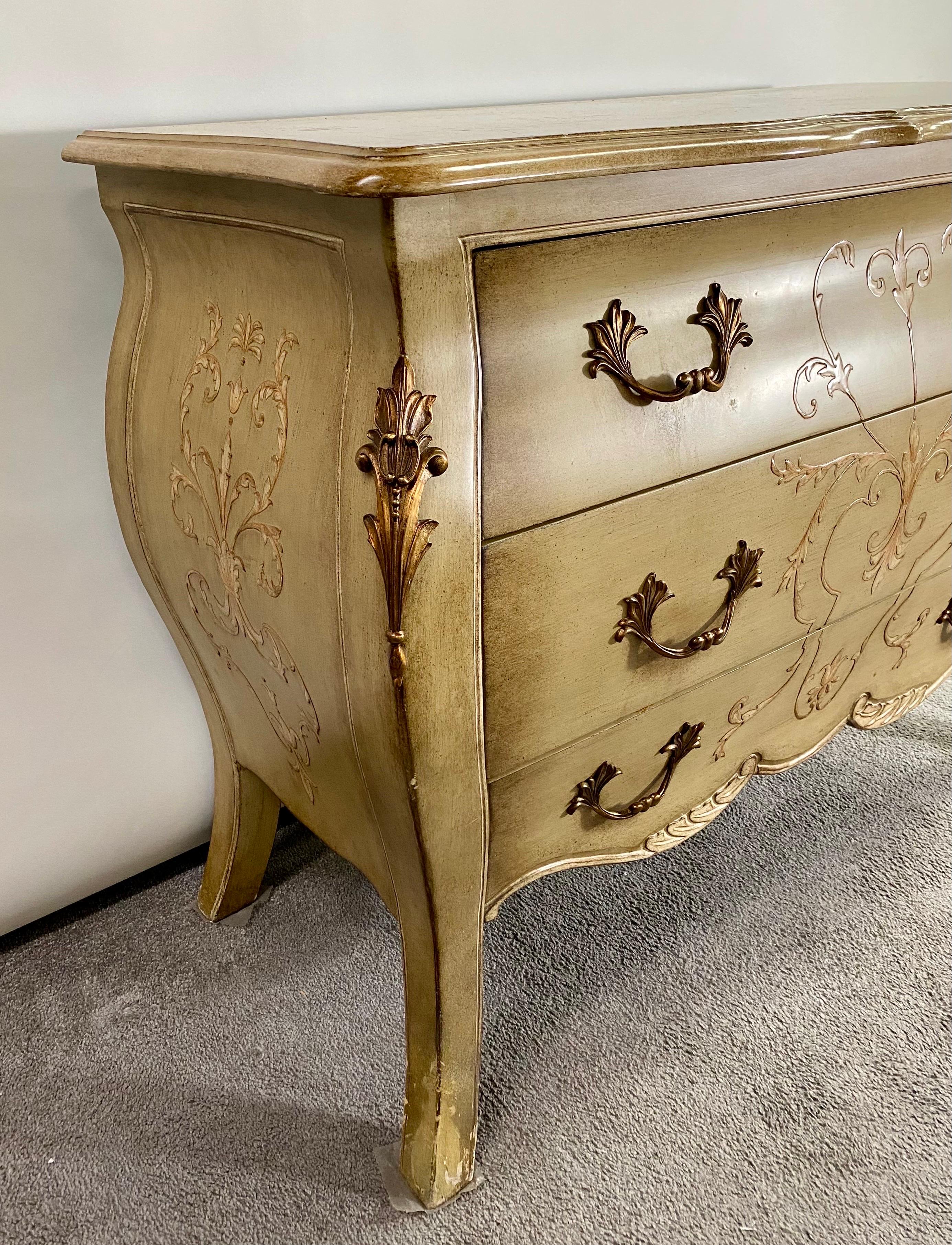 American French Provincial Bombe Style Hand Painted Chest or Commode by Lilian August  For Sale
