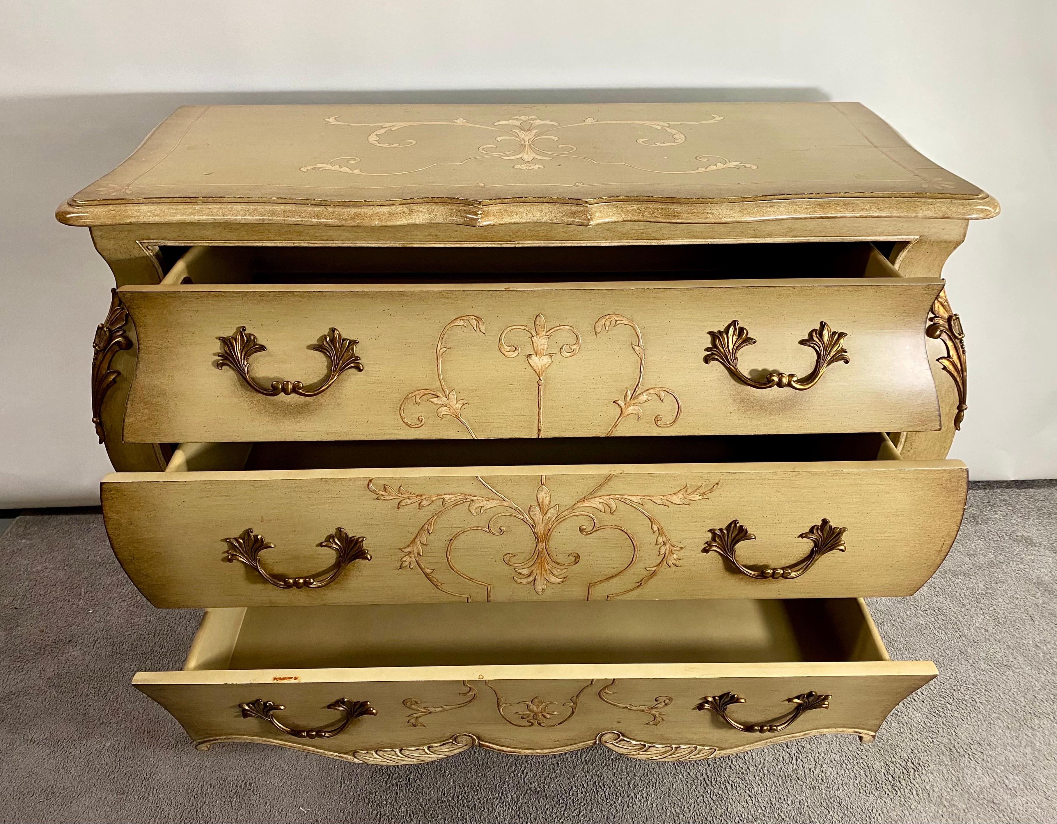 Hand-Painted French Provincial Bombe Style Hand Painted Chest or Commode by Lilian August  For Sale