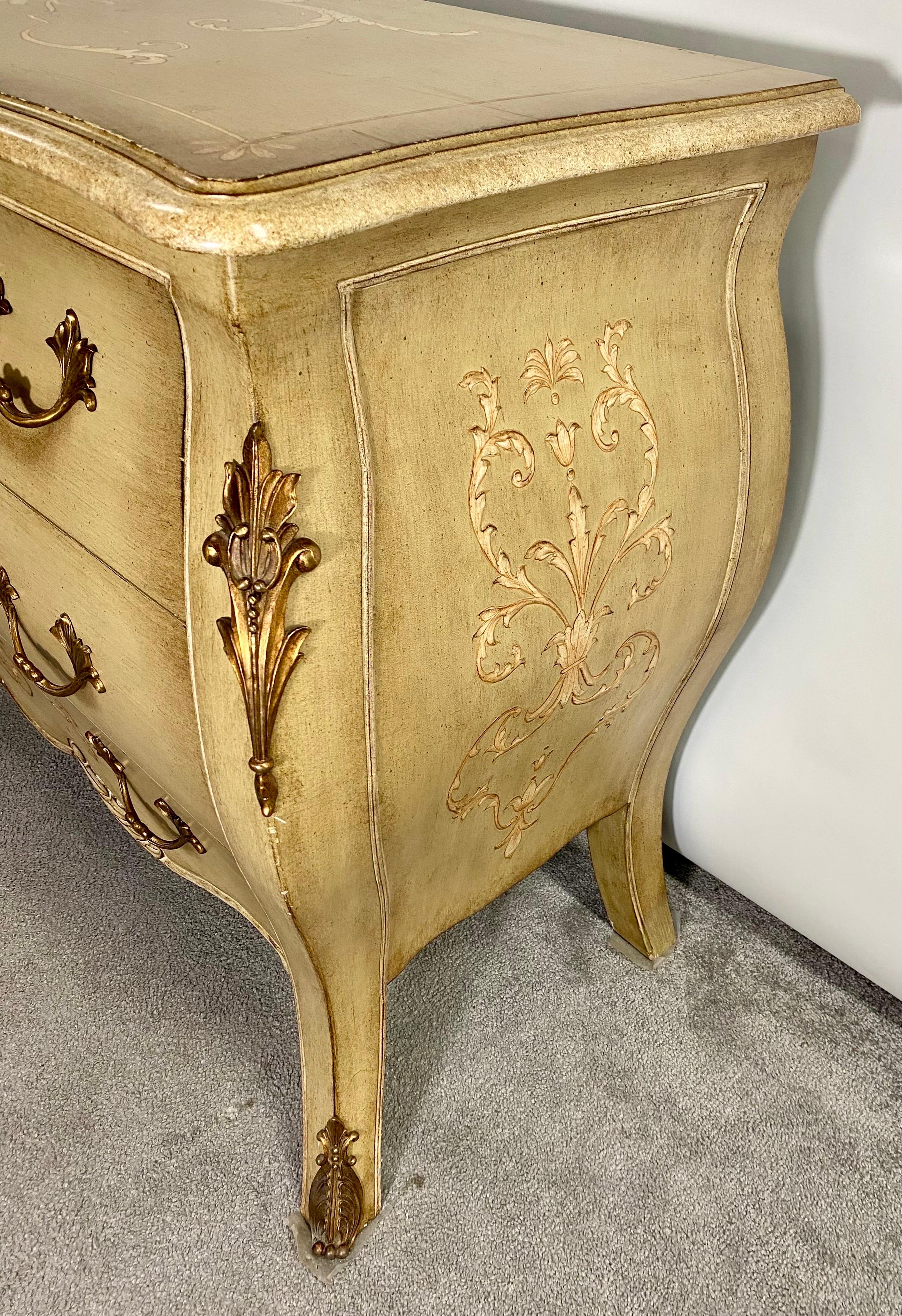 French Provincial Bombe Style Hand Painted Chest or Commode by Lilian August  In Good Condition For Sale In Plainview, NY