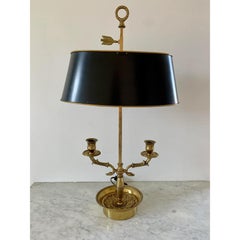 French Provincial Brass Double Dolphin Bouillotte Lamp With Black Tole Shade