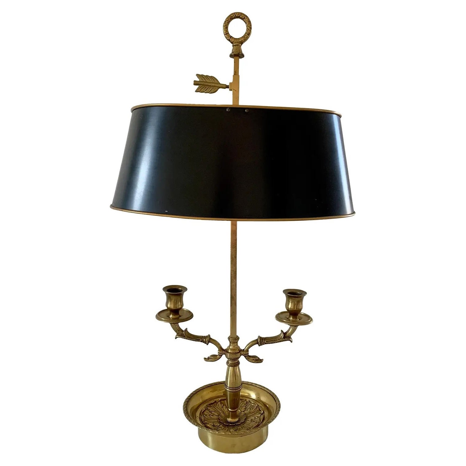 French Provincial Brass Double Dolphin Bouillotte Lamp With Black Tole Shade For Sale