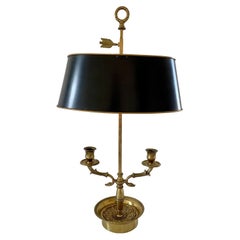 French Provincial Brass Double Dolphin Bouillotte Lamp With Black Tole Shade
