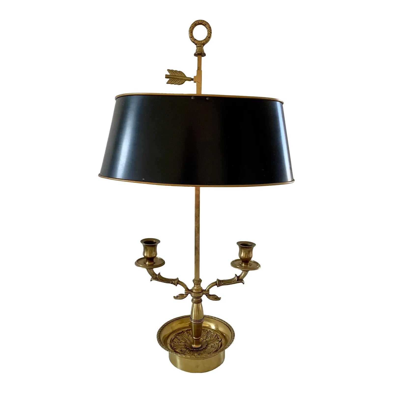 French Provincial Brass Double Dolphin Bouillotte Lamp With Black Tole Shade For Sale