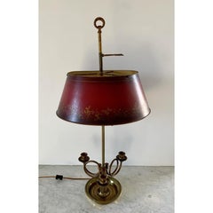 French Provincial Brass Three-Arm Horn Bouillotte Lamp with Red Tole Shade