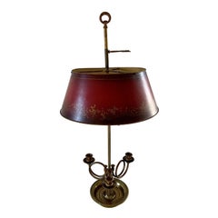 French Provincial Brass Three-Arm Horn Bouillotte Lamp with Red Tole Shade