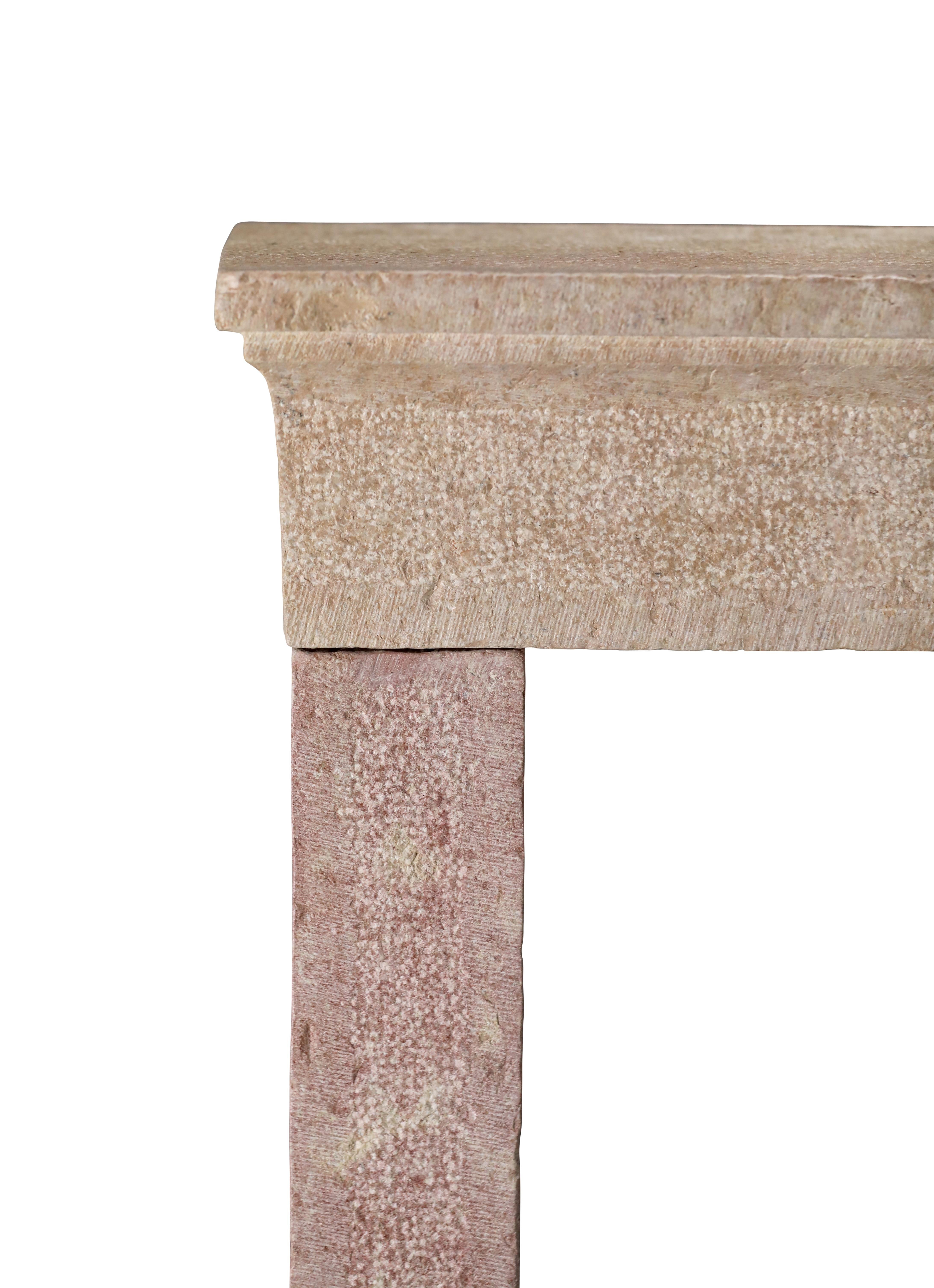 French Provincial Brutalist Fireplace In Hard Bicolor Limestone For Sale 5