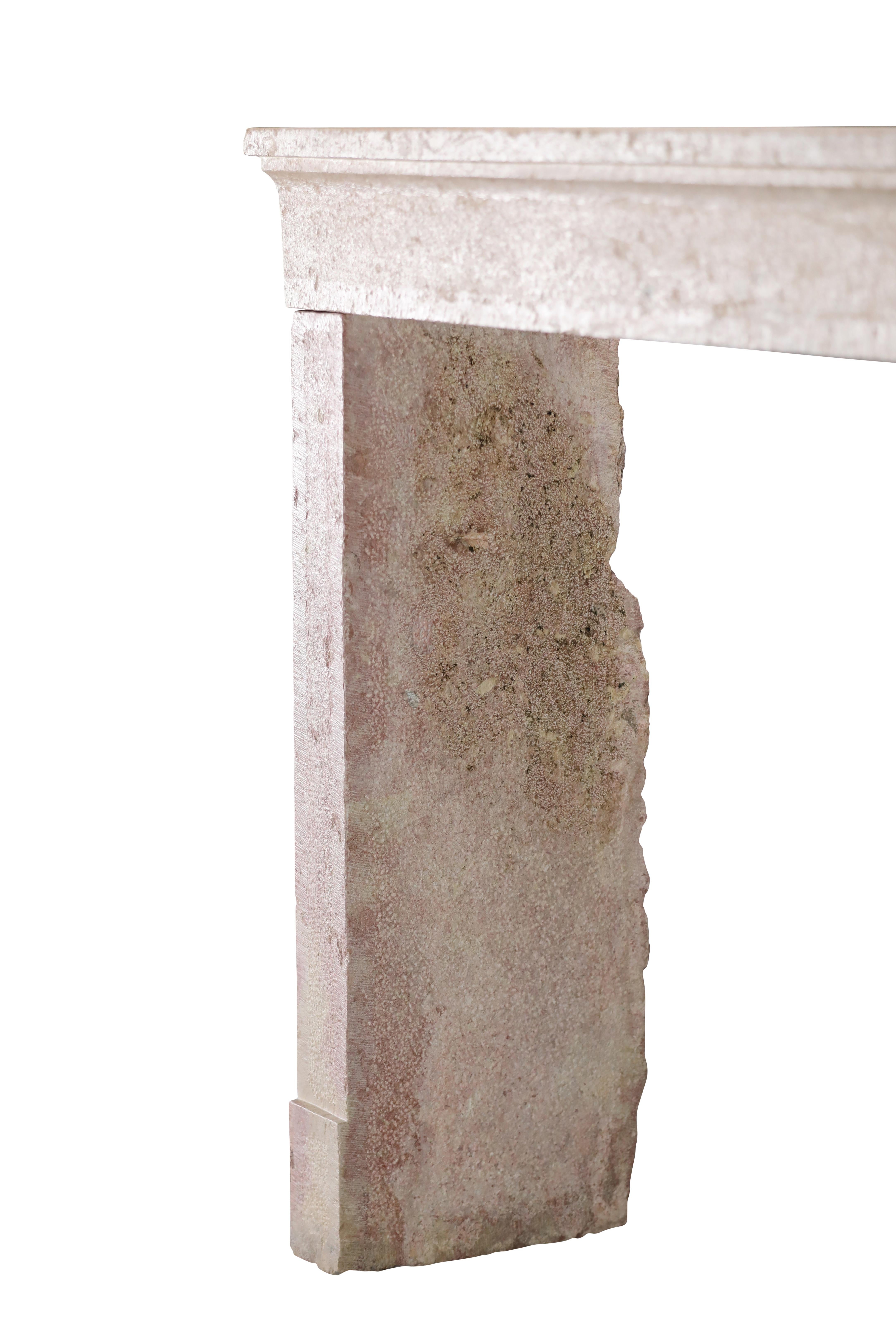 French Provincial Brutalist Fireplace In Hard Bicolor Limestone For Sale 9