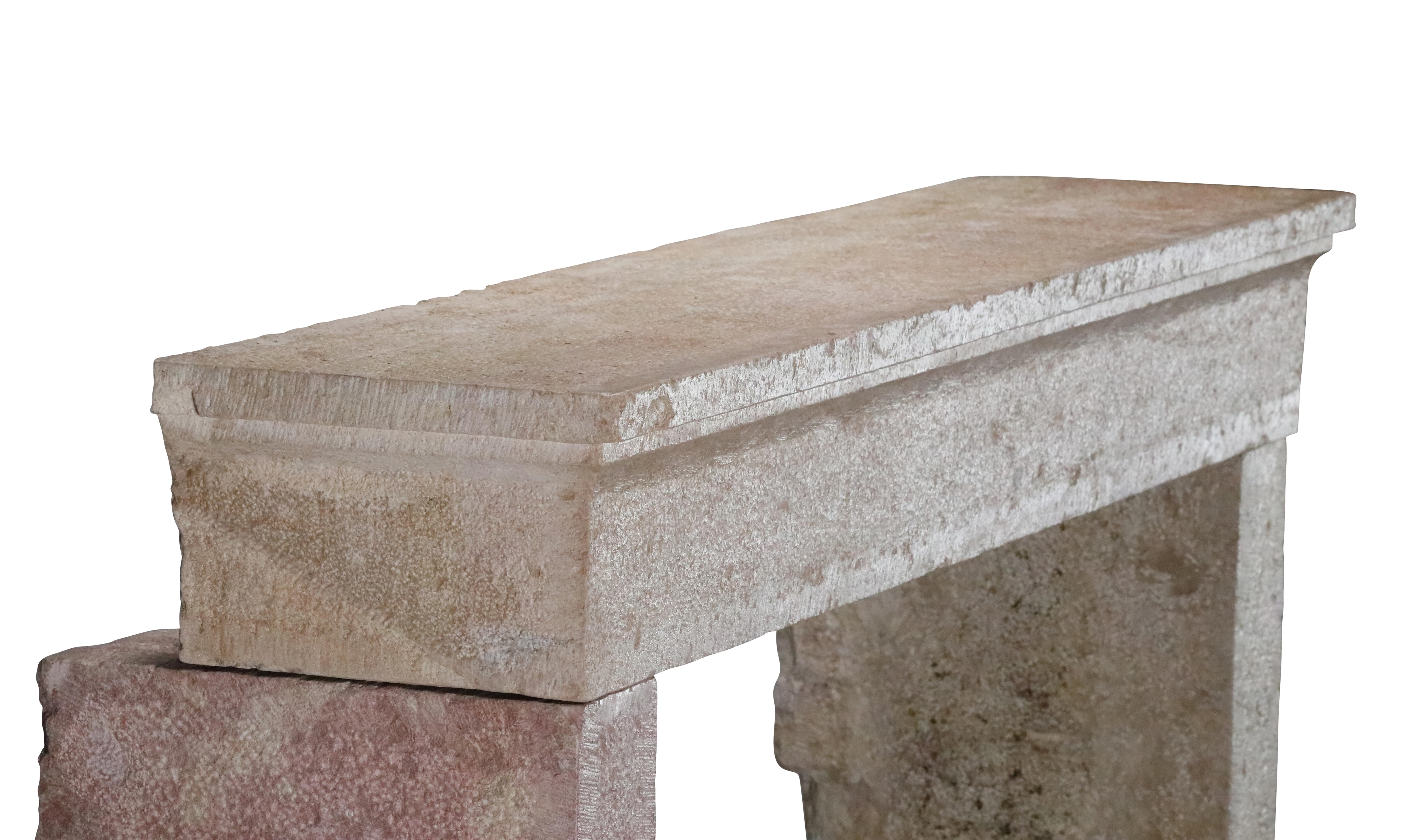 French Provincial Brutalist Fireplace In Hard Bicolor Limestone For Sale 10