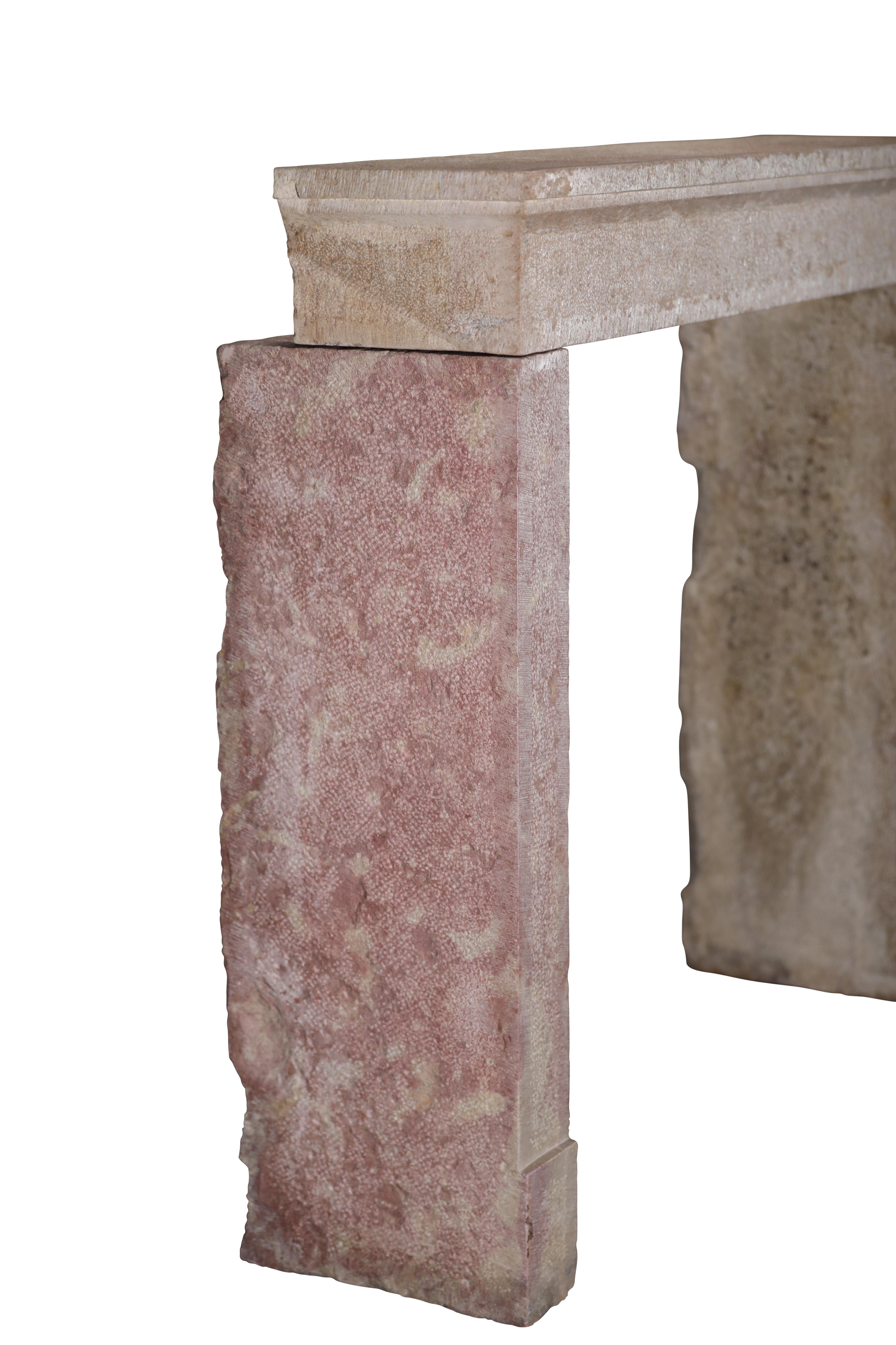 French Provincial Brutalist Fireplace In Hard Bicolor Limestone For Sale 11