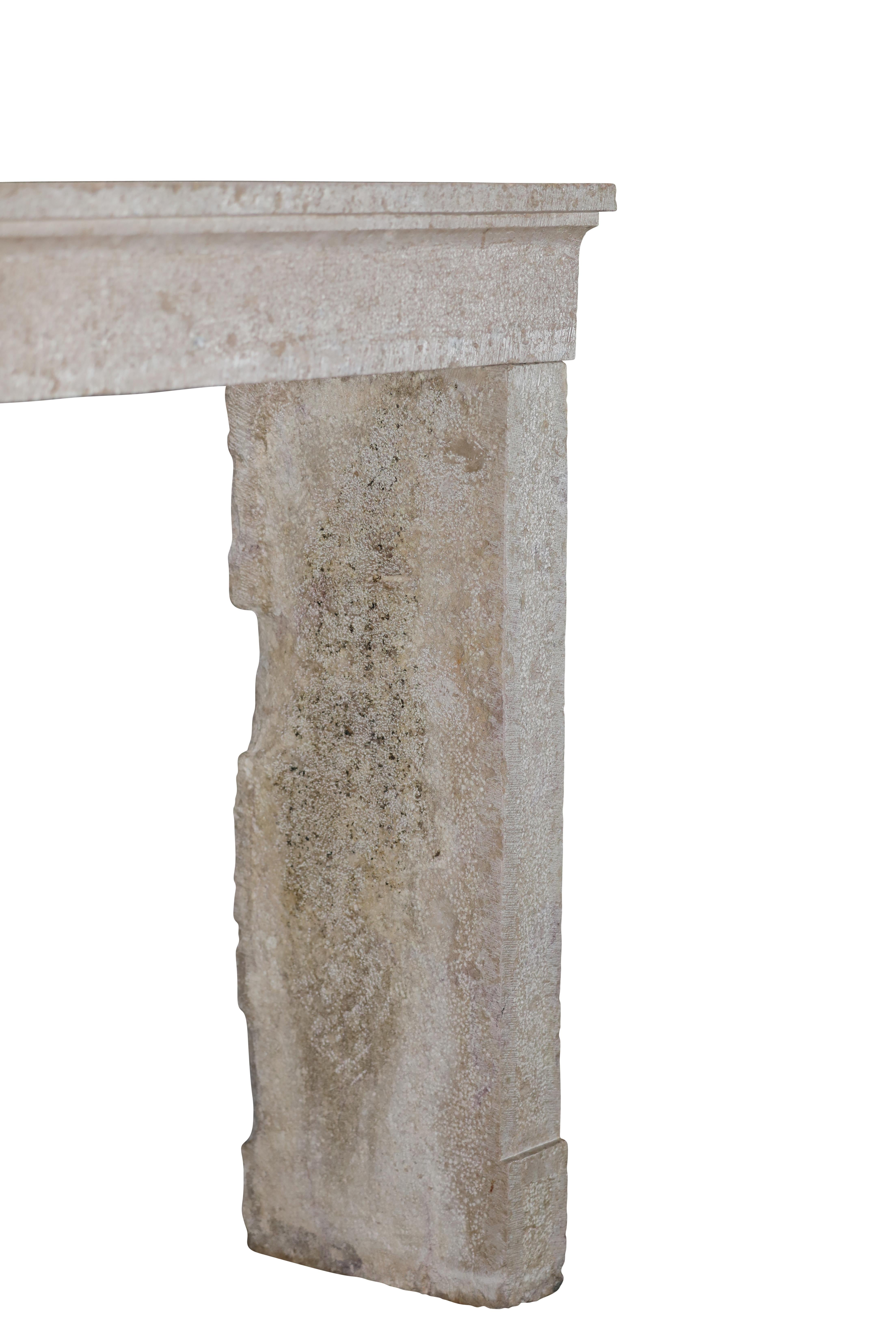 French Provincial Brutalist Fireplace In Hard Bicolor Limestone For Sale 12