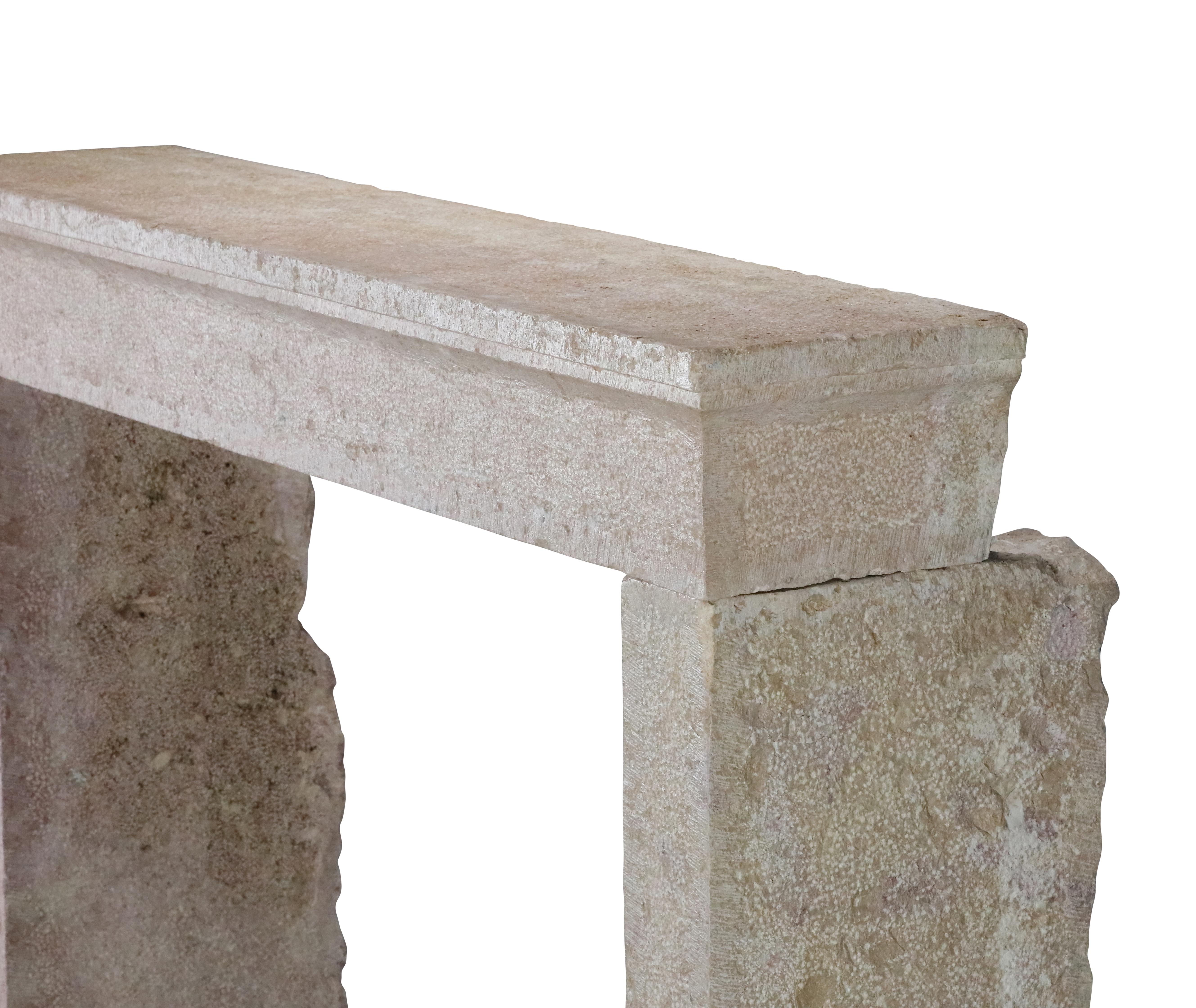 French Provincial Brutalist Fireplace In Hard Bicolor Limestone For Sale 13