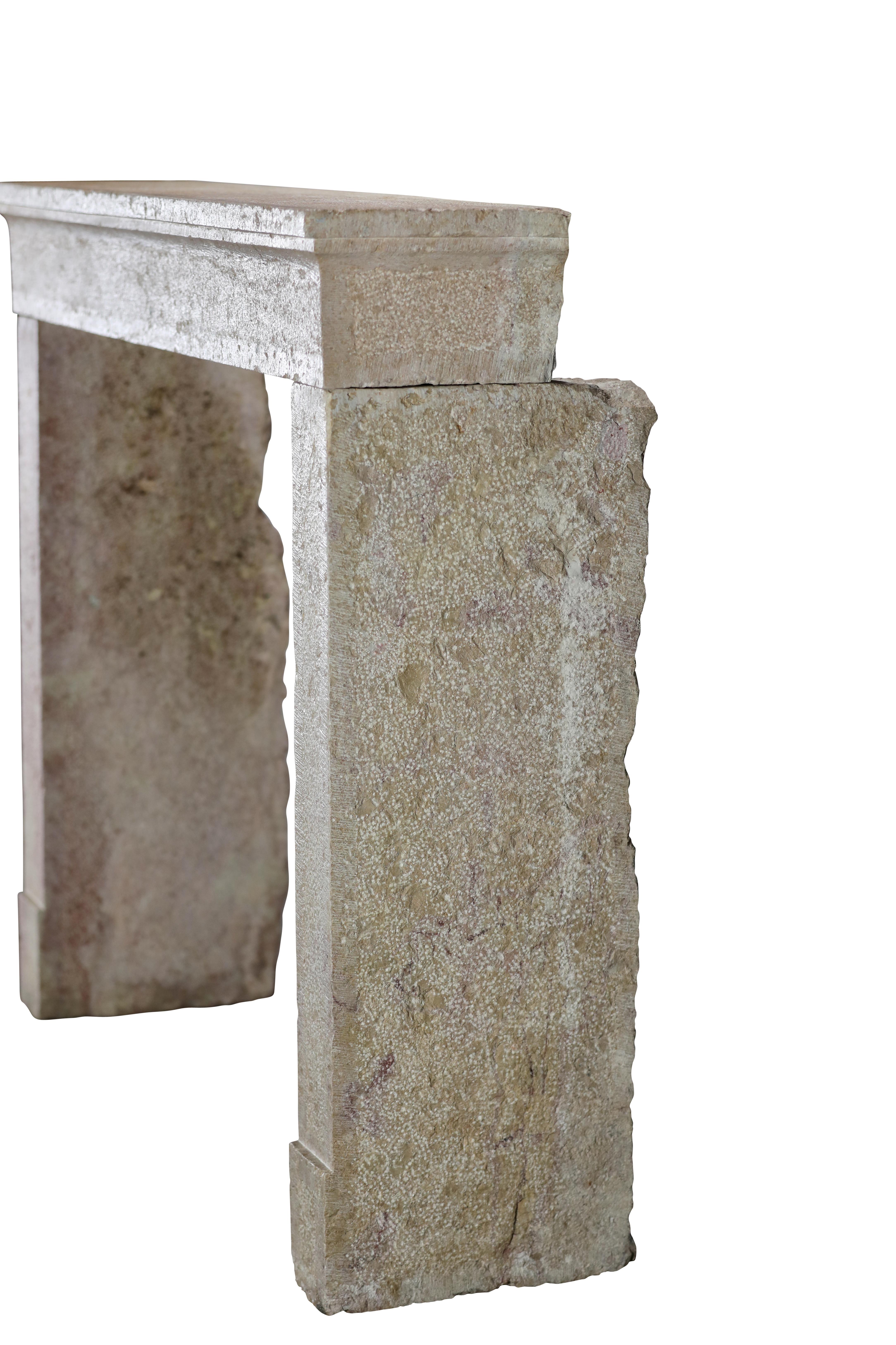 French Provincial Brutalist Fireplace In Hard Bicolor Limestone For Sale 14