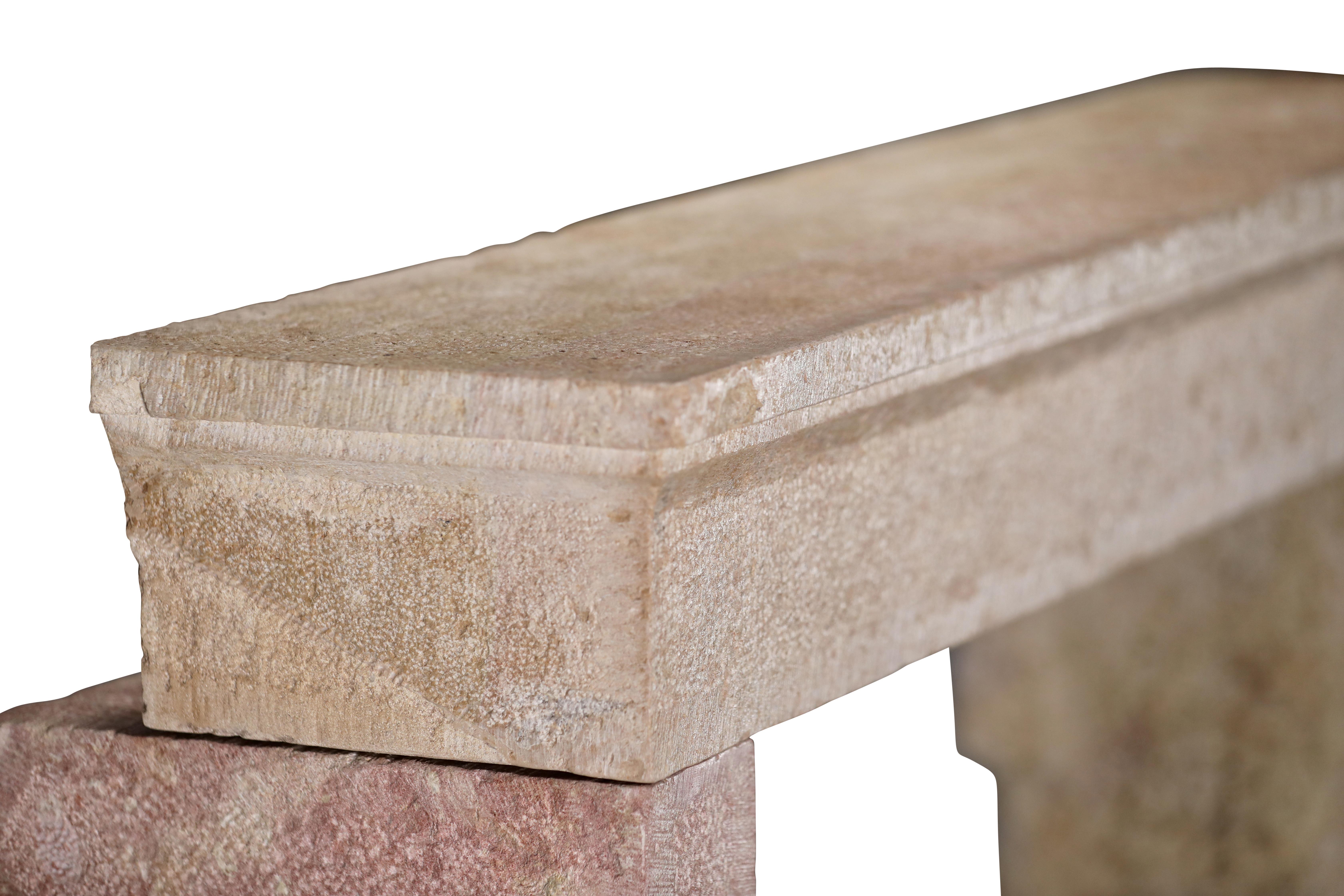 French Provincial Brutalist Fireplace In Hard Bicolor Limestone For Sale 15