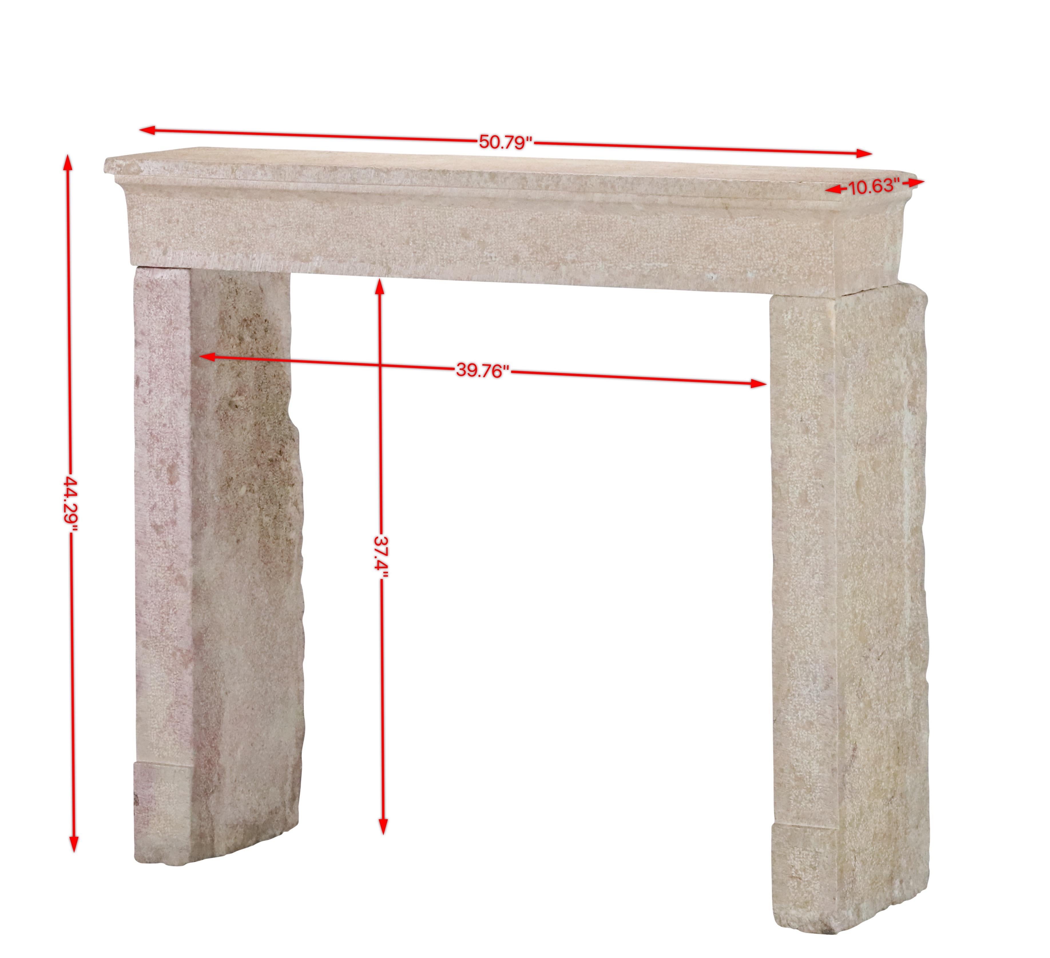 Hand-Carved French Provincial Brutalist Fireplace In Hard Bicolor Limestone For Sale