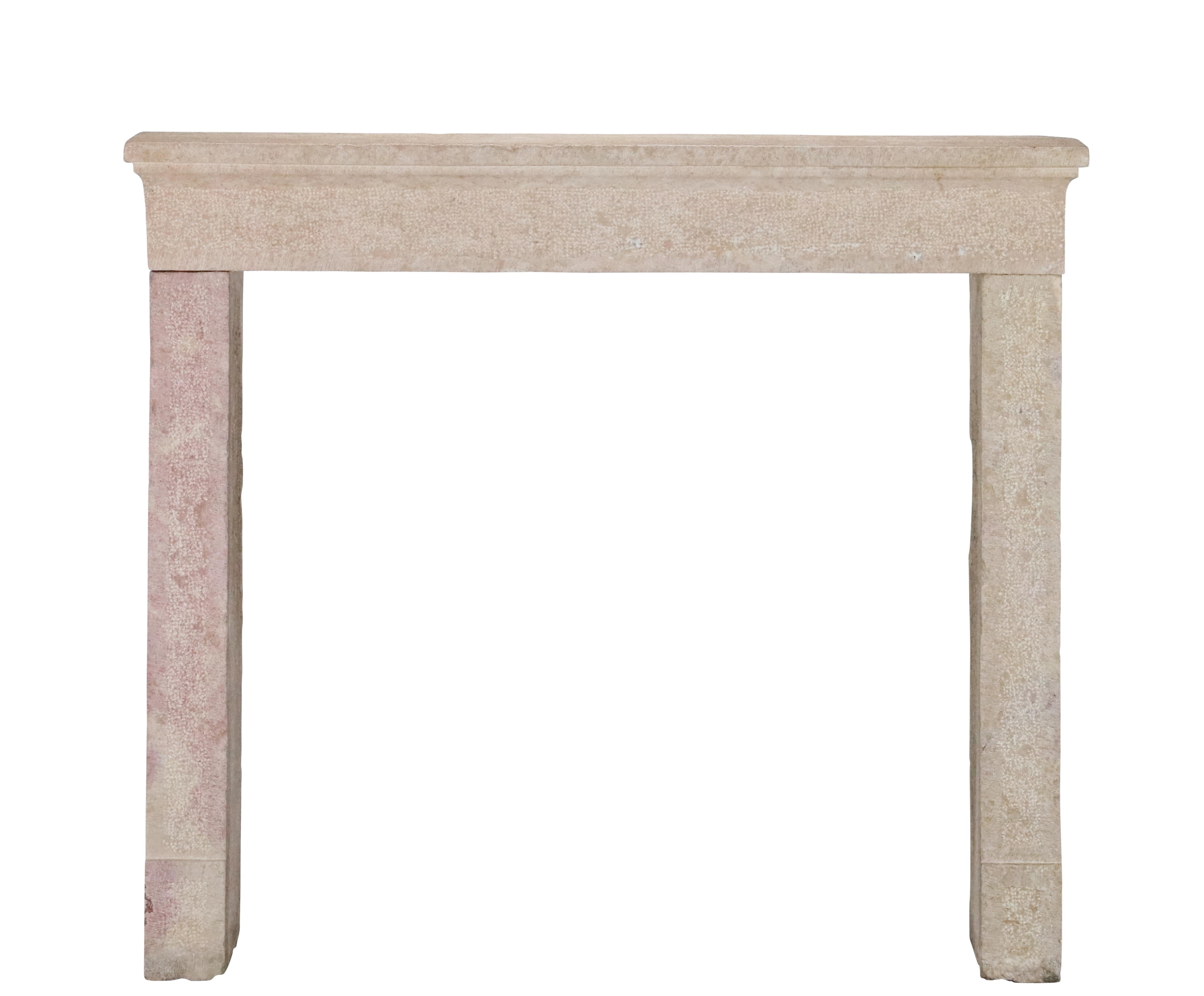 French Provincial Brutalist Fireplace In Hard Bicolor Limestone For Sale 1