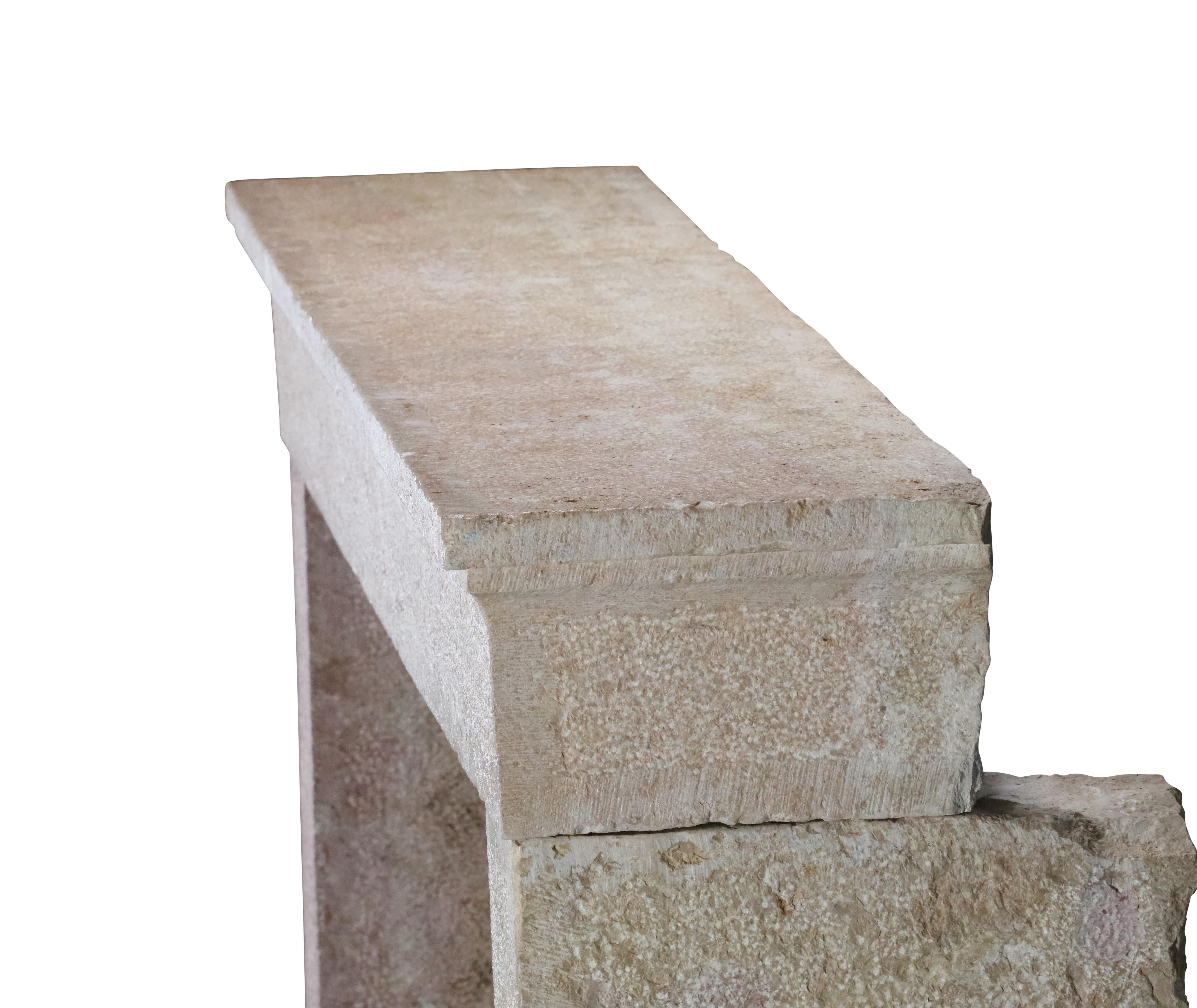 French Provincial Brutalist Fireplace In Hard Bicolor Limestone For Sale 2