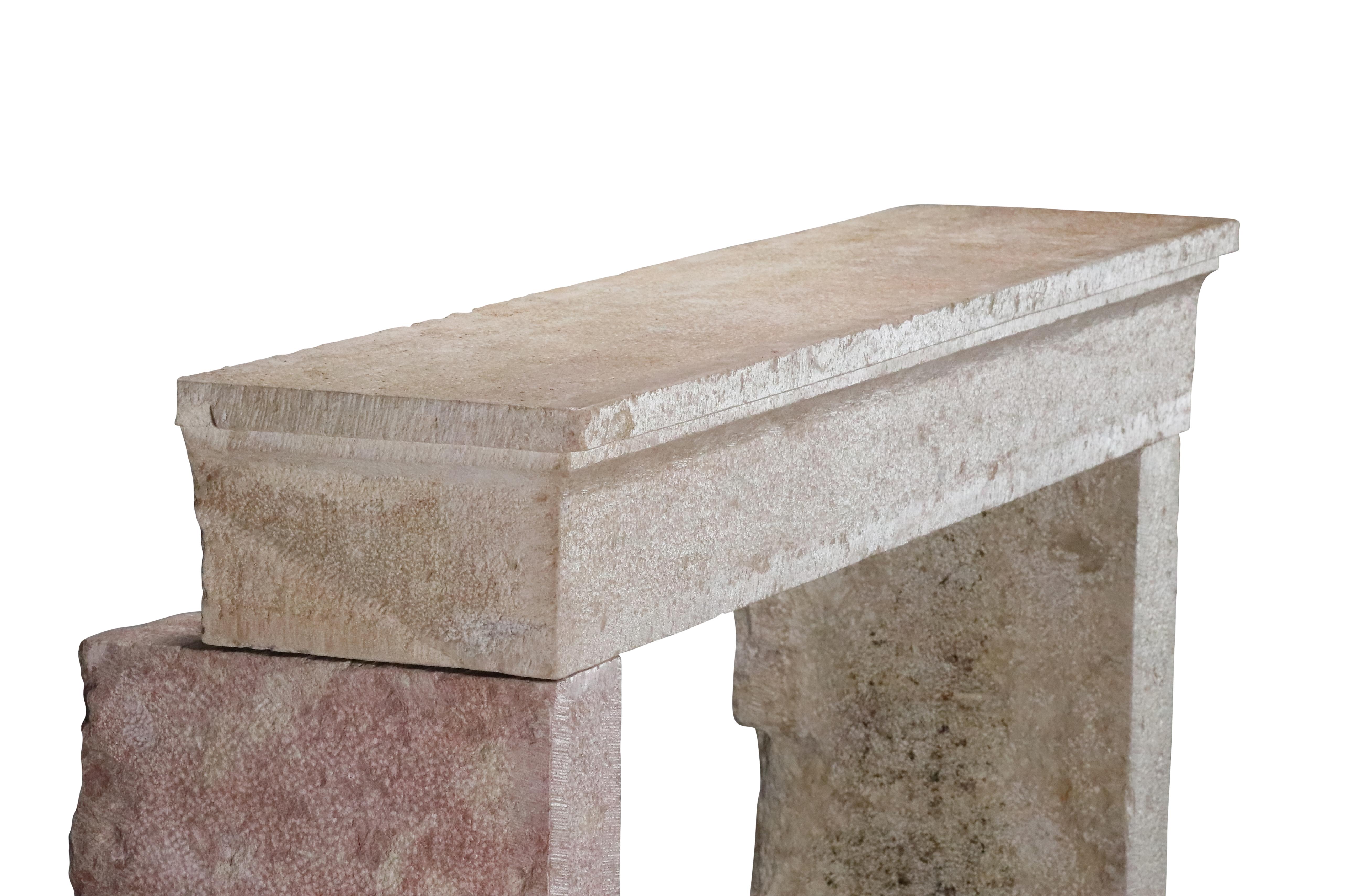 French Provincial Brutalist Fireplace In Hard Bicolor Limestone For Sale 3
