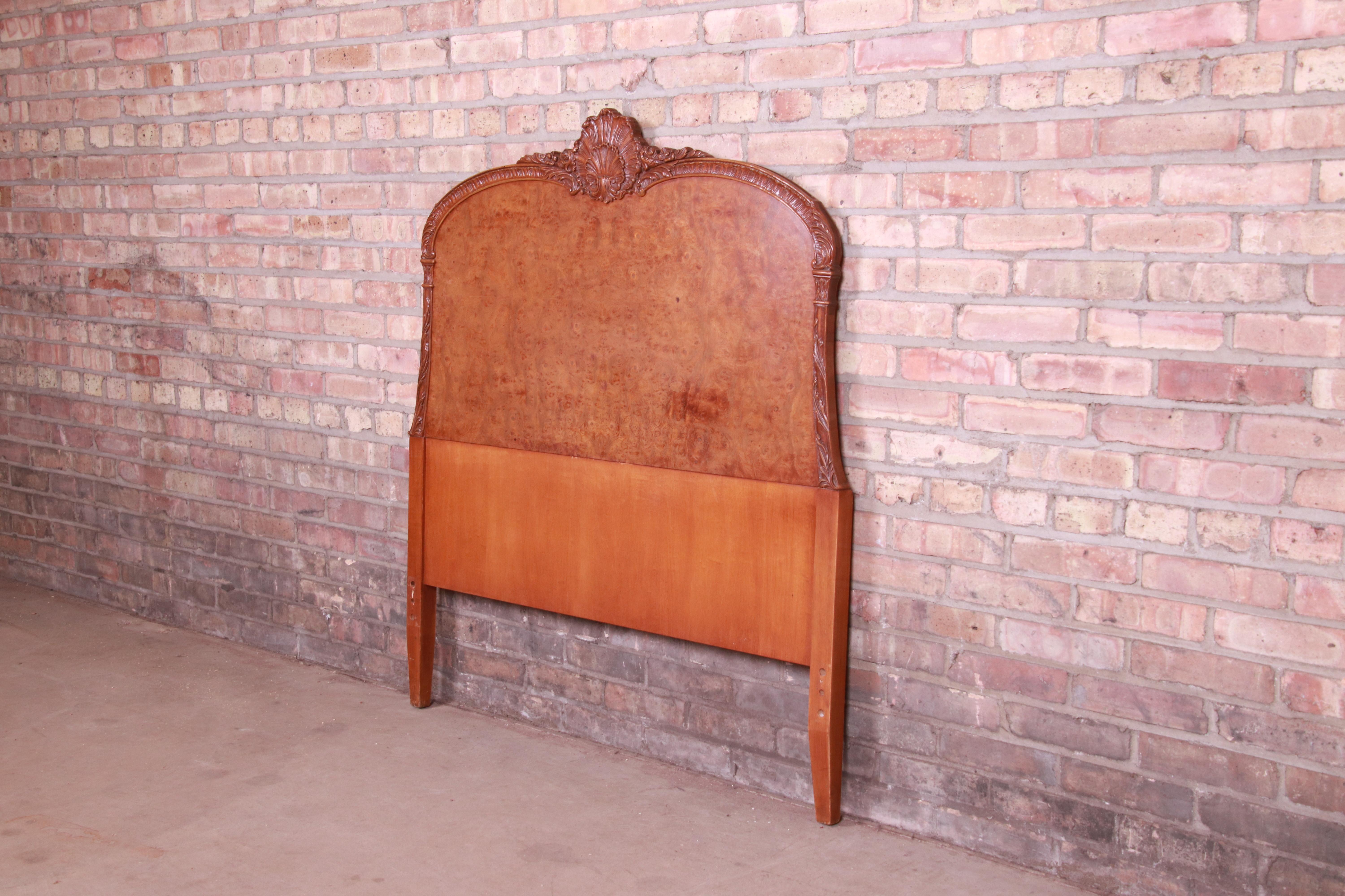French Provincial Burl Wood Twin Headboard Attributed to Romweber, circa 1940s In Good Condition In South Bend, IN