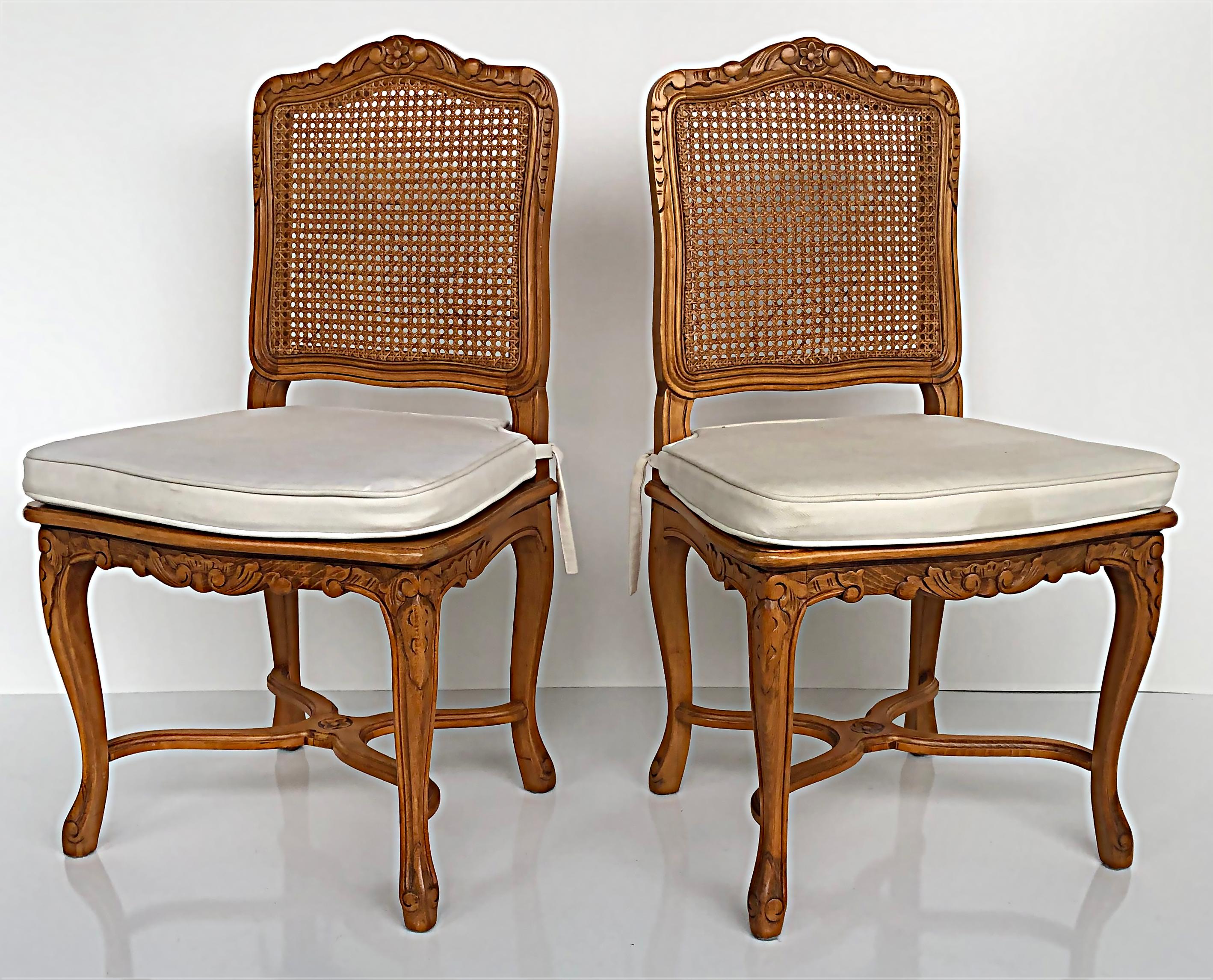 French Provincial Caned, Carved Dining Chairs with Seat Cushions, Set of Eight In Good Condition For Sale In Miami, FL