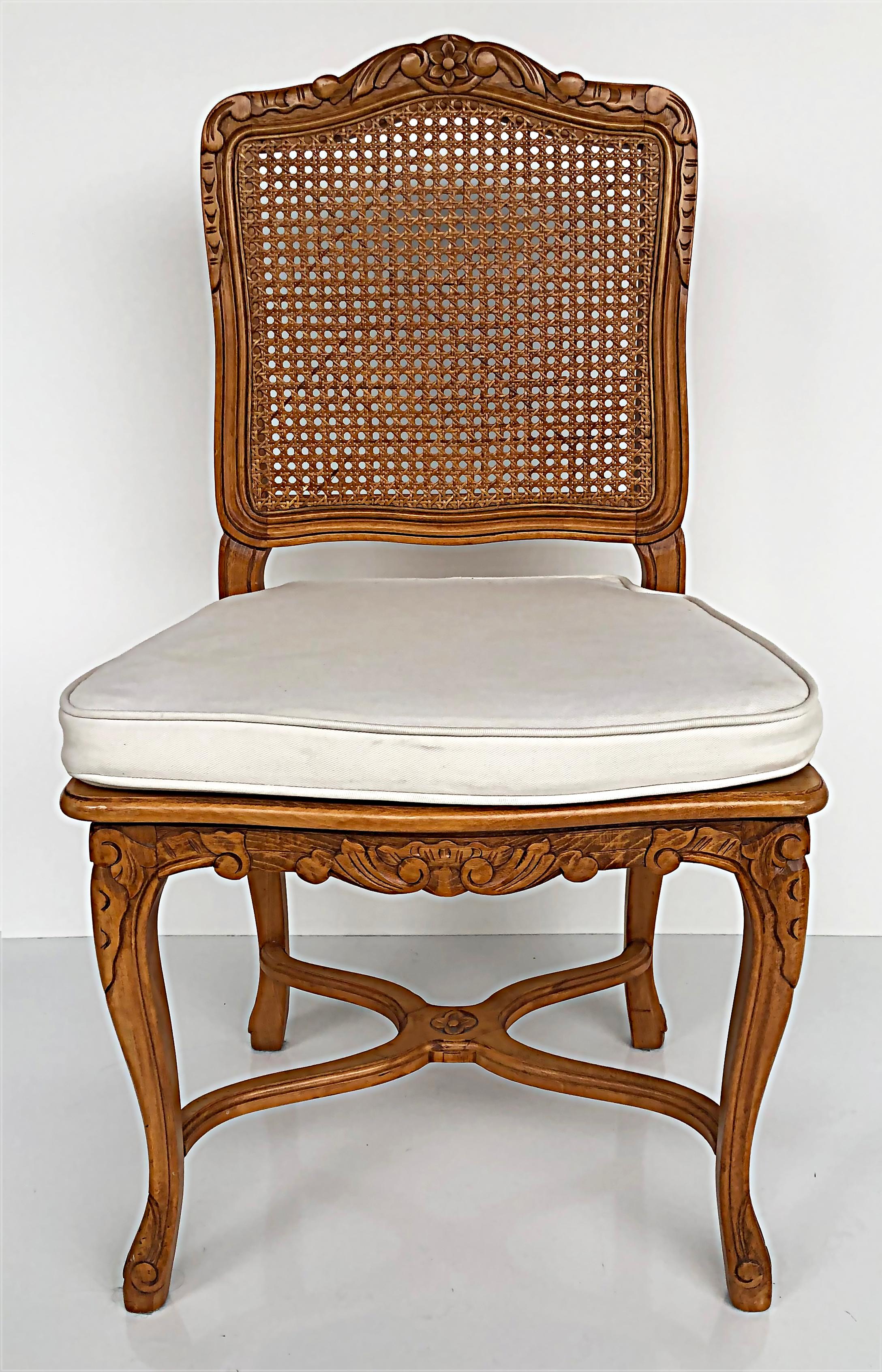 20th Century French Provincial Caned, Carved Dining Chairs with Seat Cushions, Set of Eight For Sale