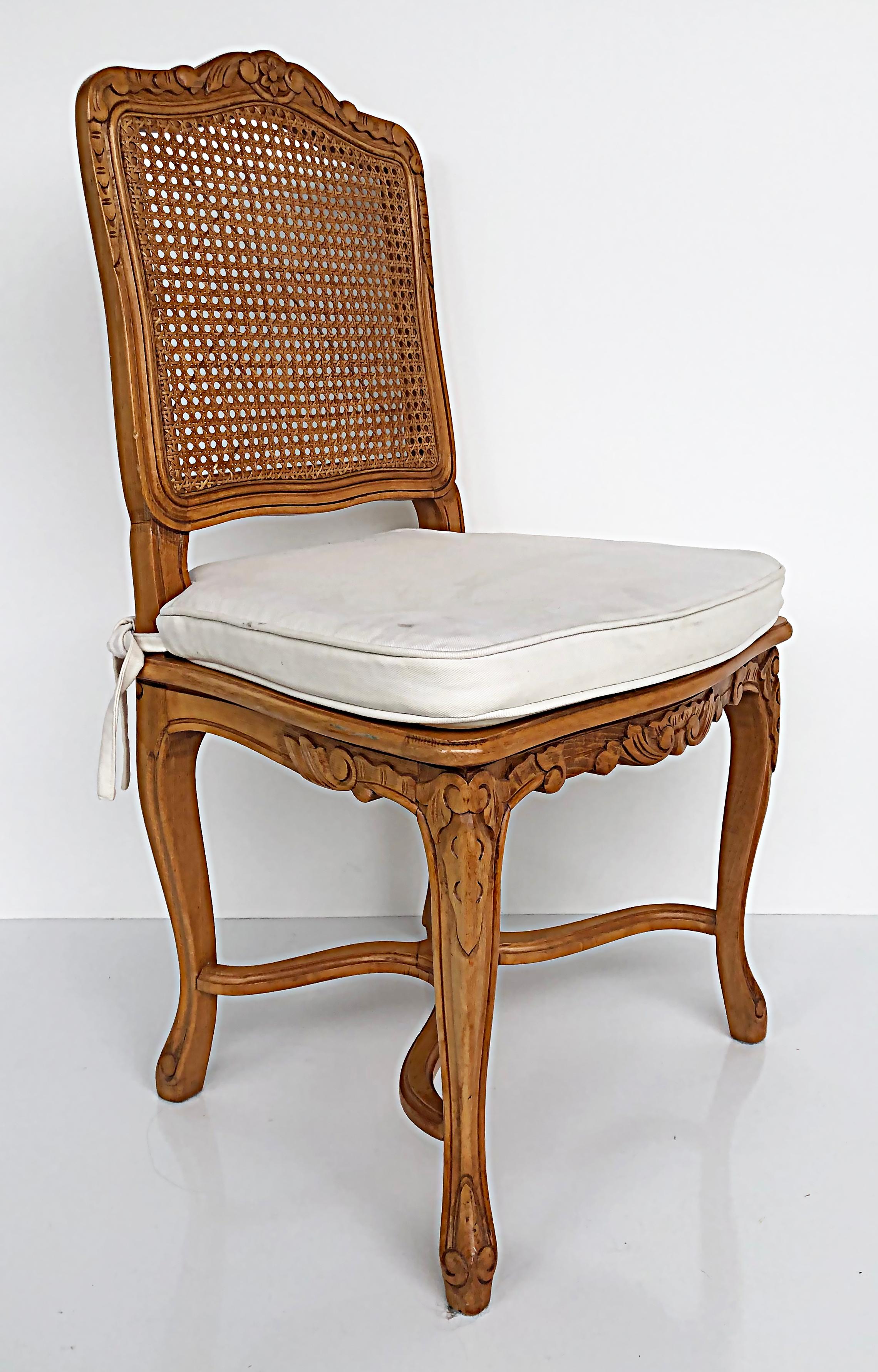 Fabric French Provincial Caned, Carved Dining Chairs with Seat Cushions, Set of Eight For Sale