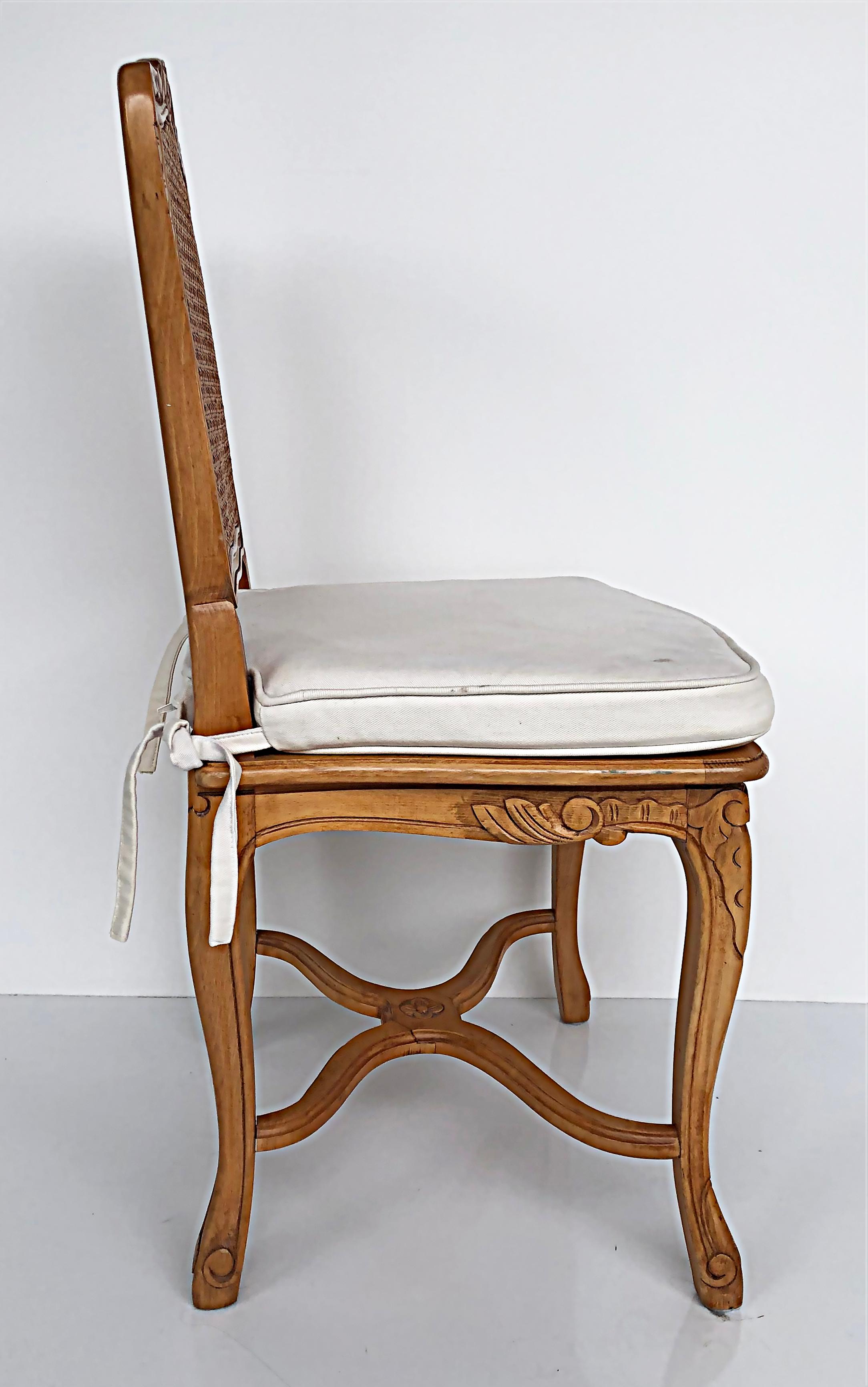 French Provincial Caned, Carved Dining Chairs with Seat Cushions, Set of Eight For Sale 1