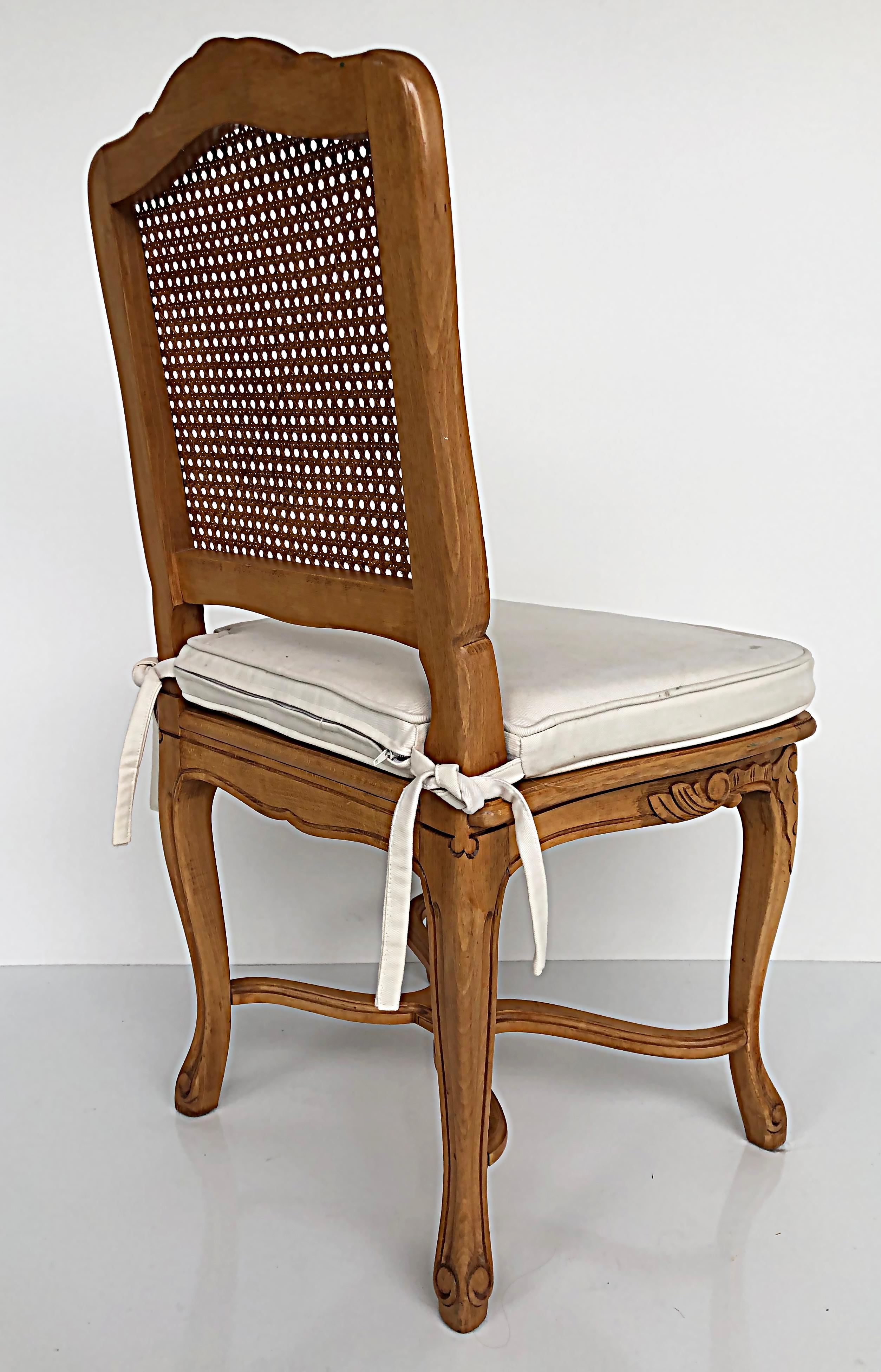 French Provincial Caned, Carved Dining Chairs with Seat Cushions, Set of Eight For Sale 2