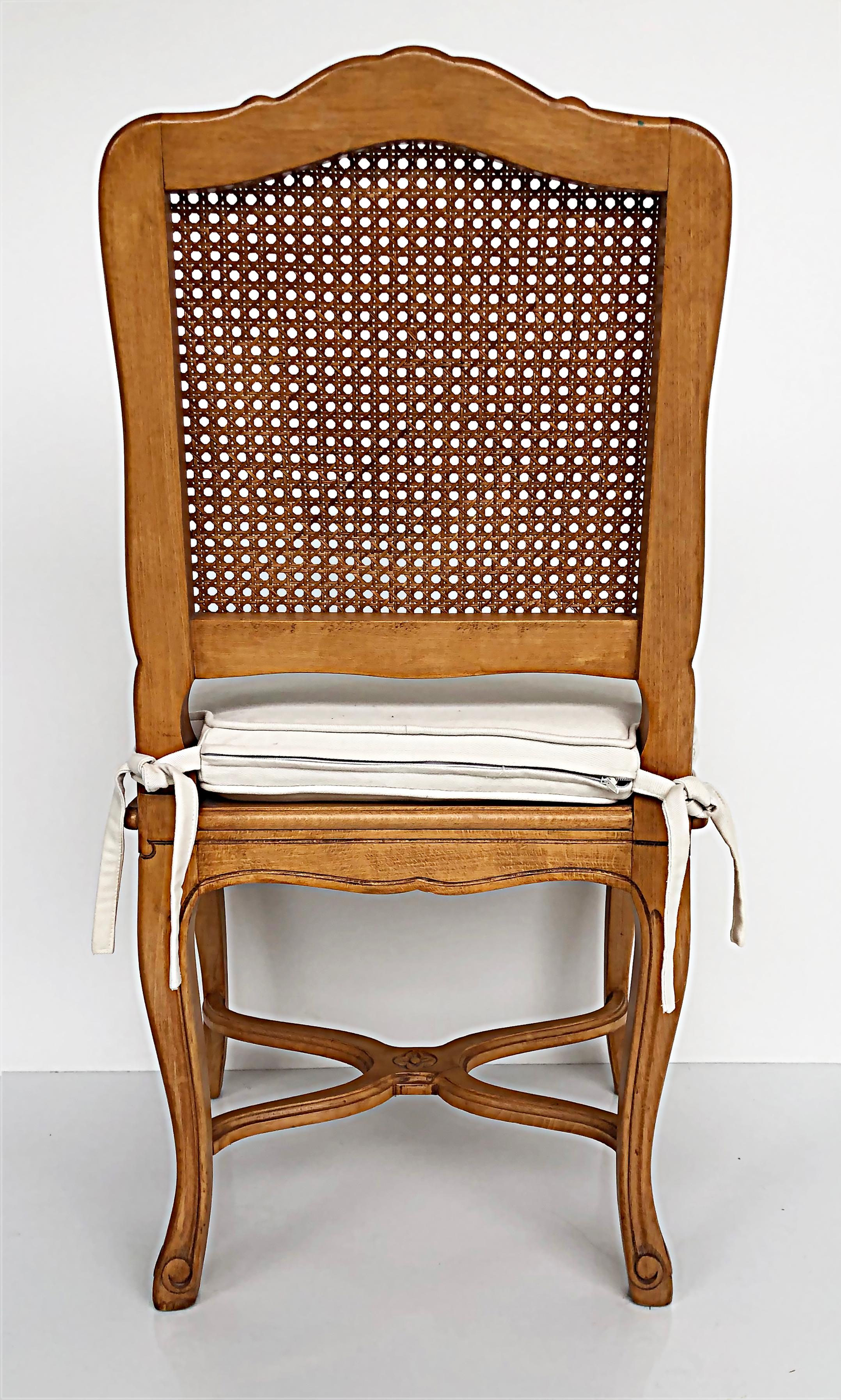 French Provincial Caned, Carved Dining Chairs with Seat Cushions, Set of Eight For Sale 3