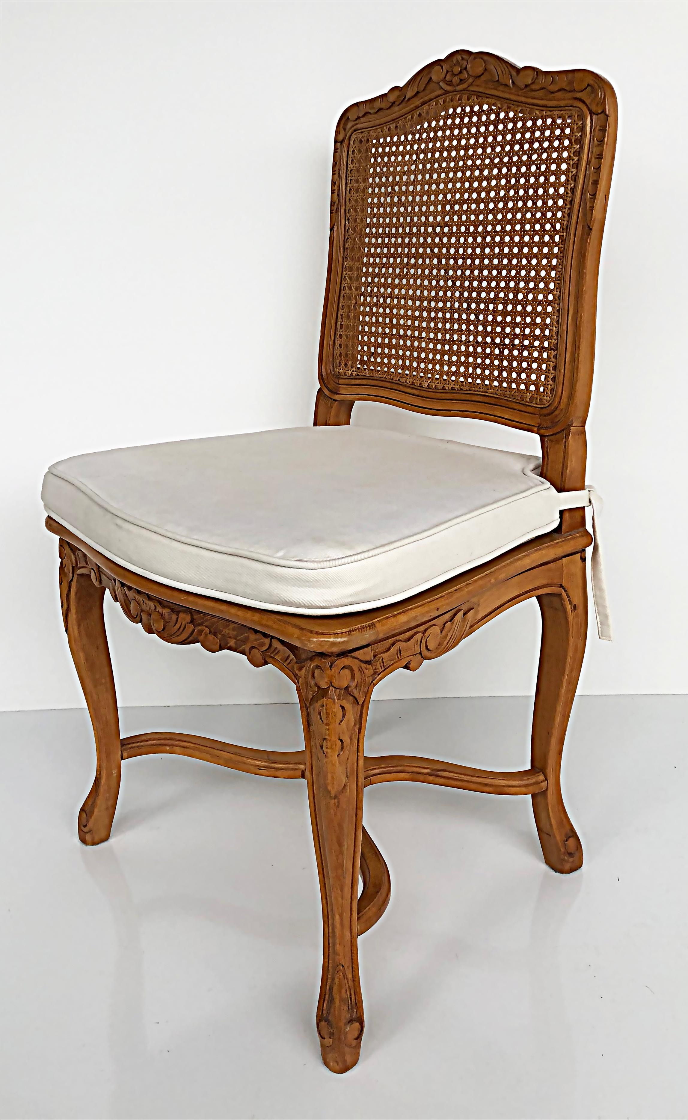 French Provincial Caned, Carved Dining Chairs with Seat Cushions, Set of Eight For Sale 4