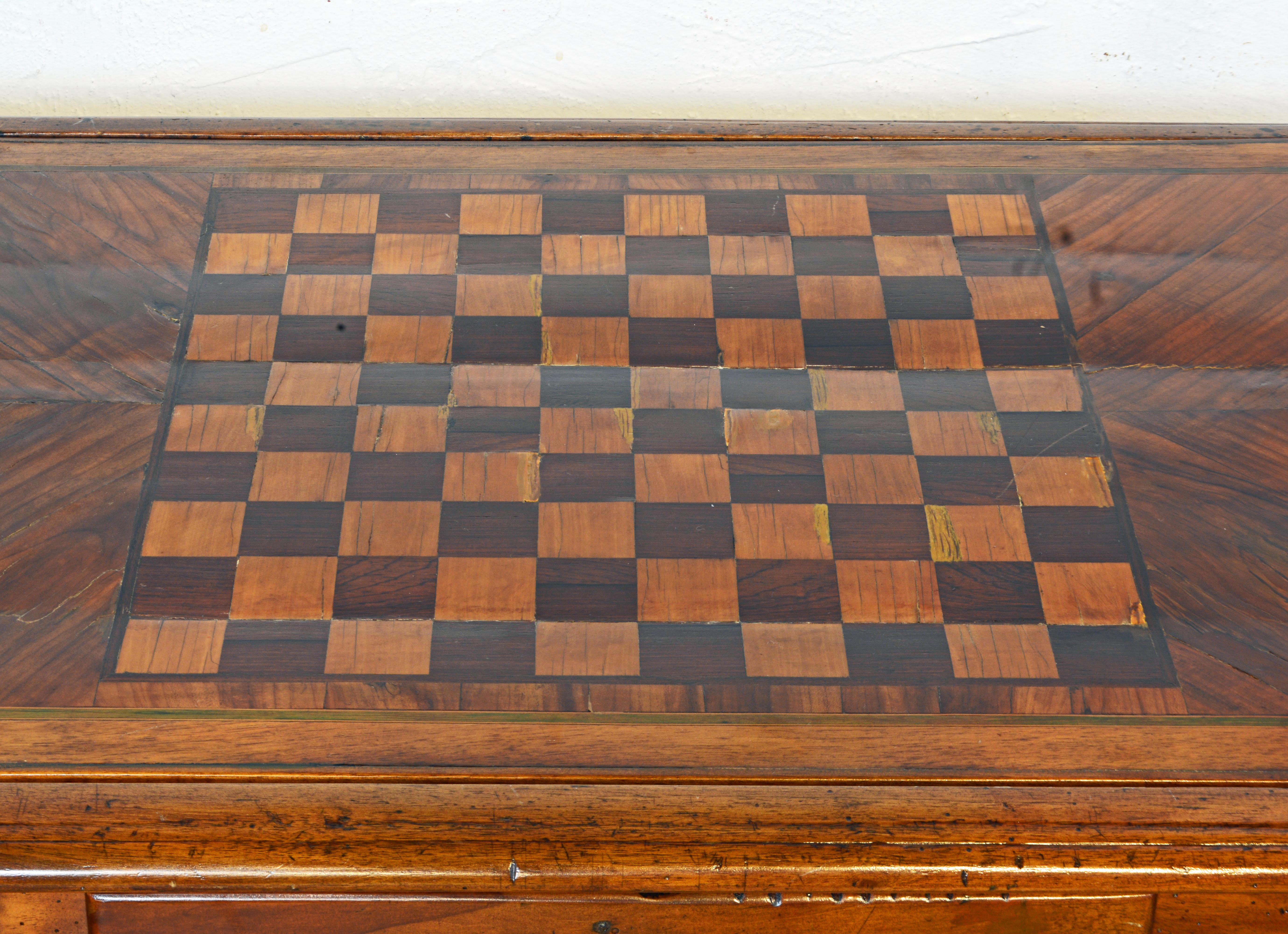 Brass French Provincial Carved Fruitwood and Parquetry Chess and Game Table