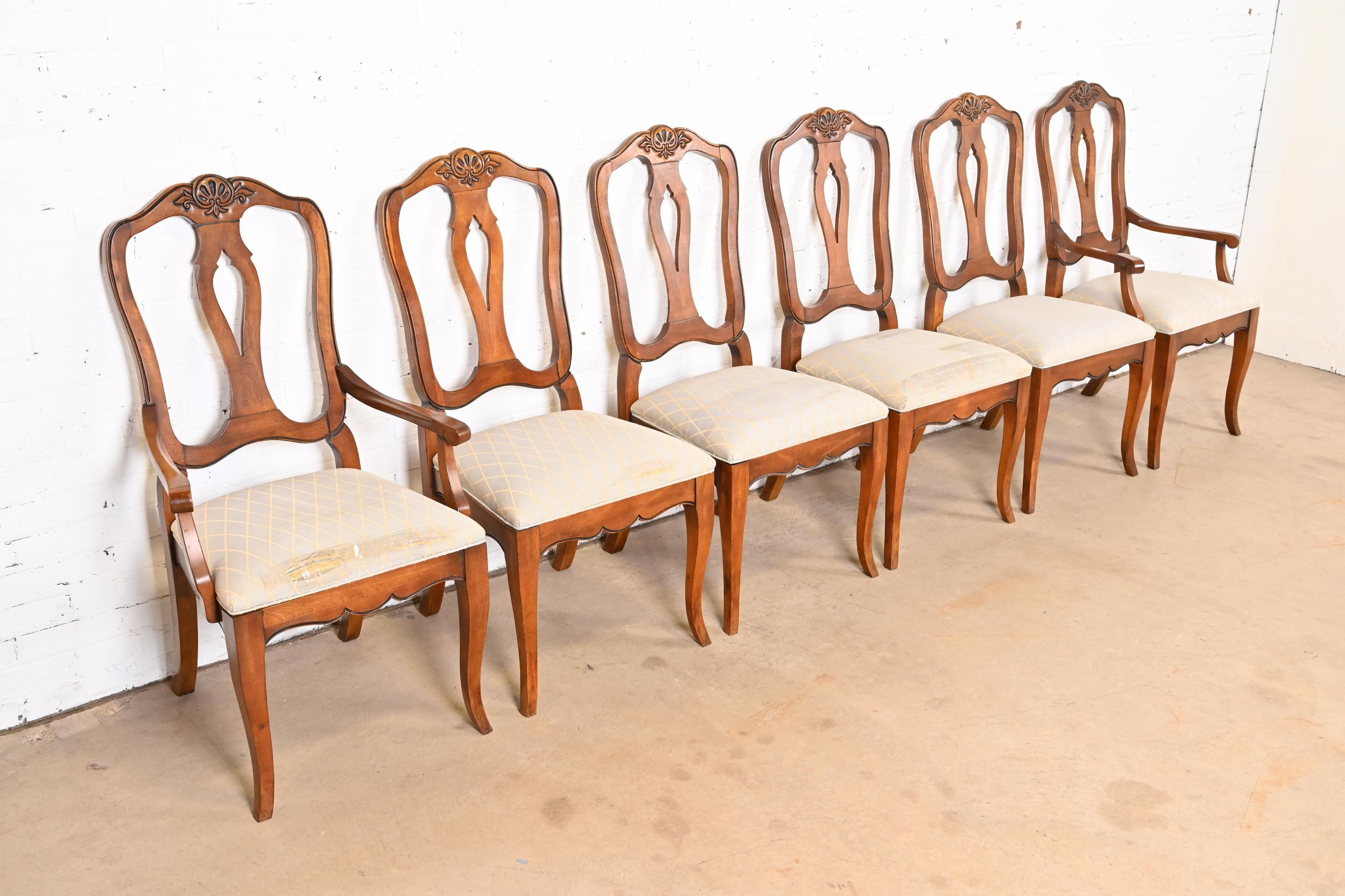 American French Provincial Carved Maple Dining Chairs, Set of Six