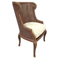 French Provincial Carved Solid Wood Double Cane Wingback Chair