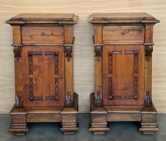 French Provincial Carved Walnut Nightstands with Drawer and Door, 1920, Set of 2
