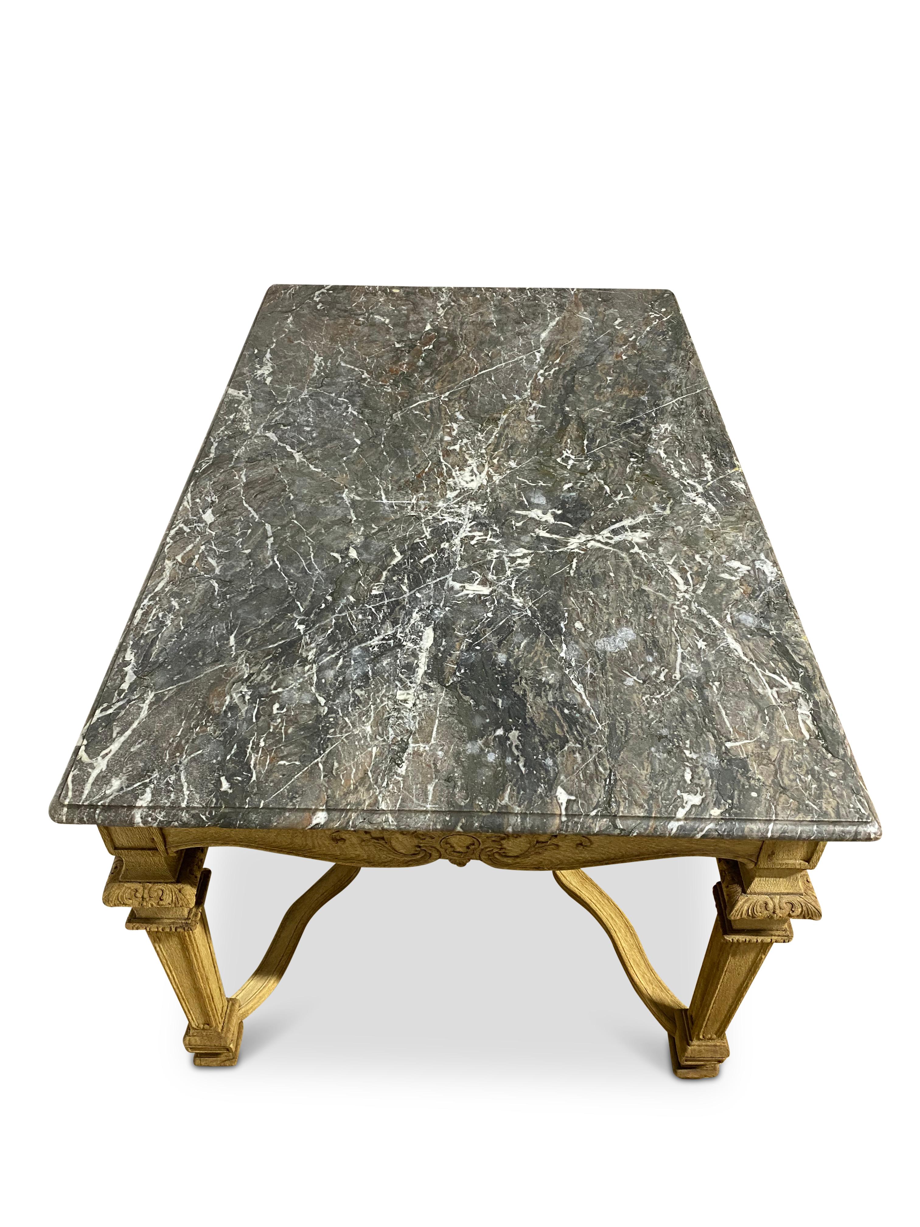 Bleached French Provincial Center Table with Original Breccia Marble Top For Sale