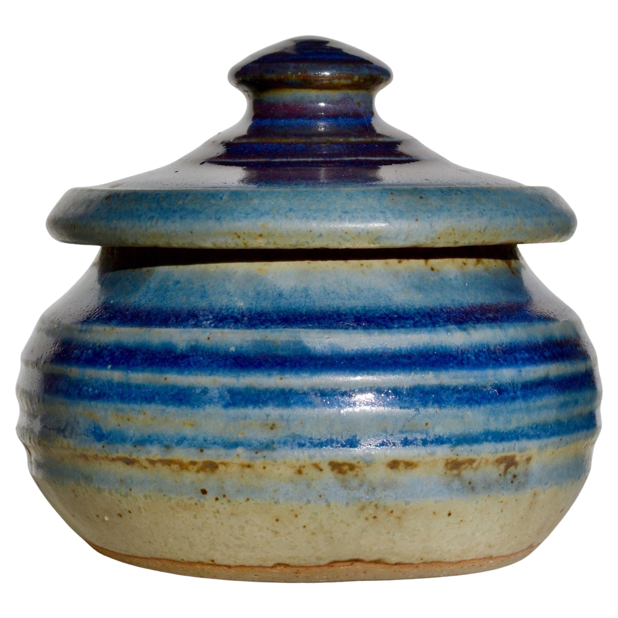 French Provincial Ceramic Lidded Jar, Wheel-Thrown, Blue Glaze, France