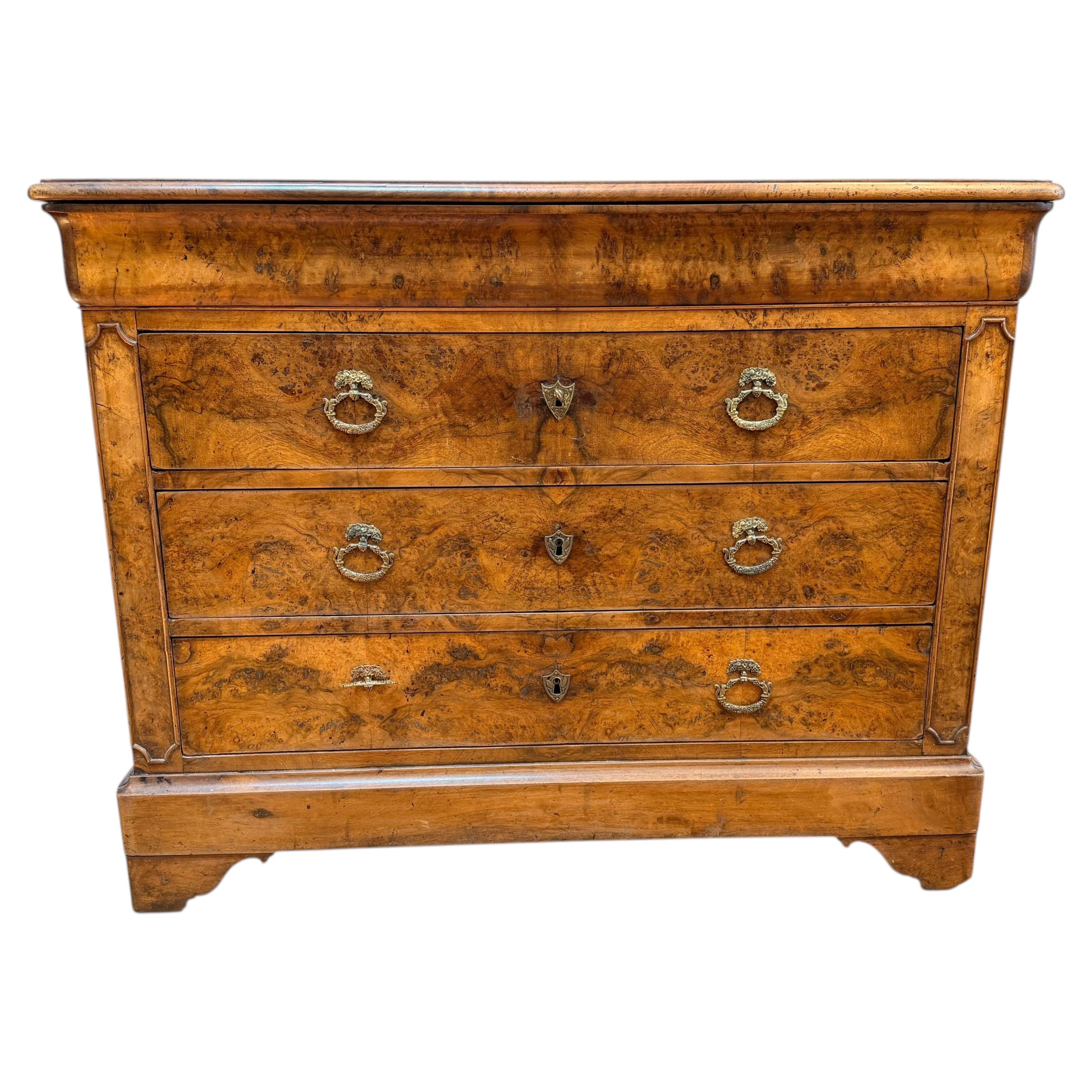 French Provincial Charles X Burled Walnut Commode.