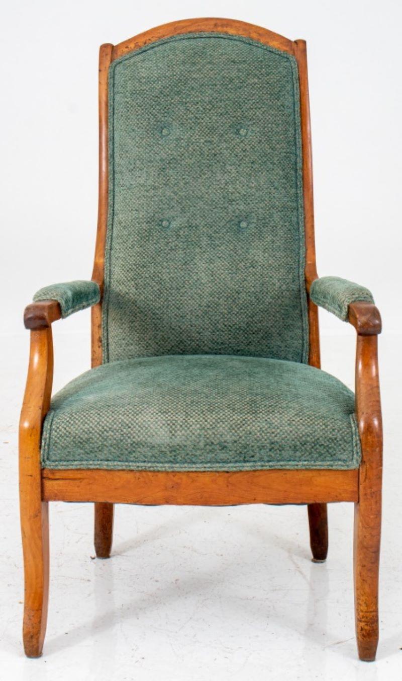 French Provincial Louis Phillippe / Charles X fruitwood armchair of typical form with long rectangular upholstered back with downswept arms above a plan seatraile on four cabriole legs, upholstered in teal chenille. Measures: 42