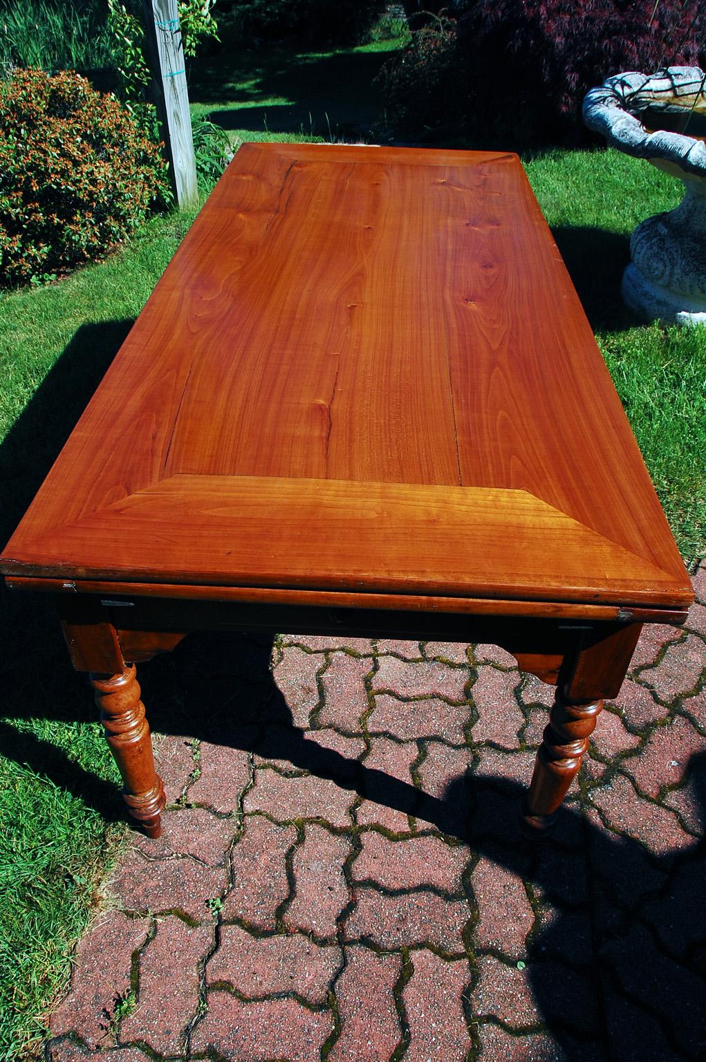 French Provincial Cherry Double Extending Farmhouse Table Mid 19th Century In Good Condition In Wells, ME