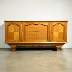 French Provincial Cherry Sideboard, Parquetry Panels, Carved Detail, 1950s