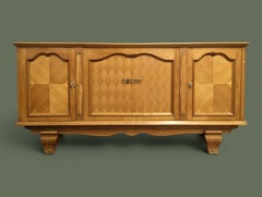 French Provincial Cherry Sideboard, Parquetry Panels, Carved Detail, 1950s