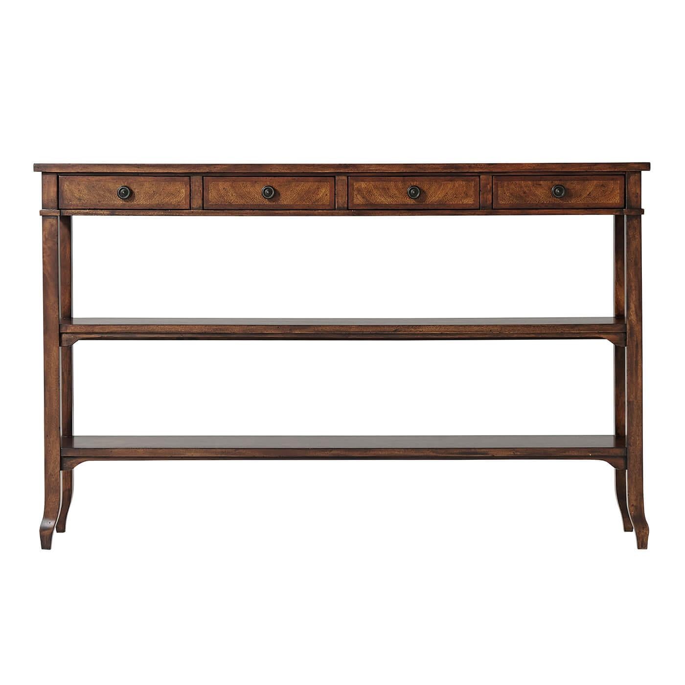 A neoclassic style mahogany French Provincial Console table, the rectangular crossbanded top above four frieze drawers, on gently splayed legs joined by two under tiers. 

Dimensions: 54