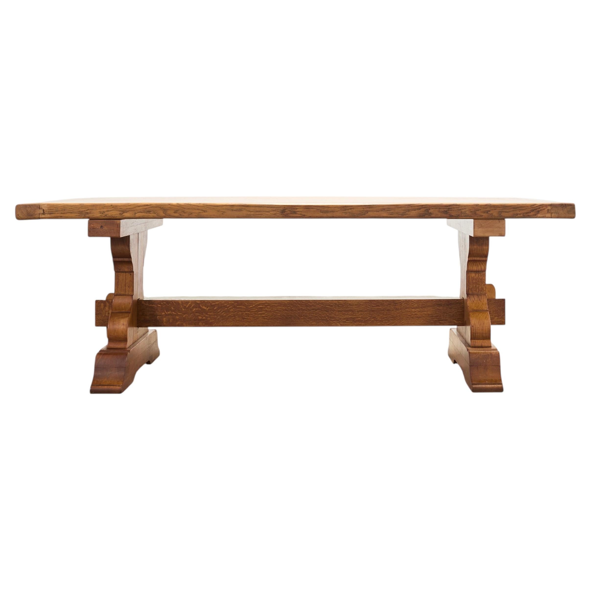 French Provincial Country Oak Trestle Farmhouse Dining Table 7Ft For Sale