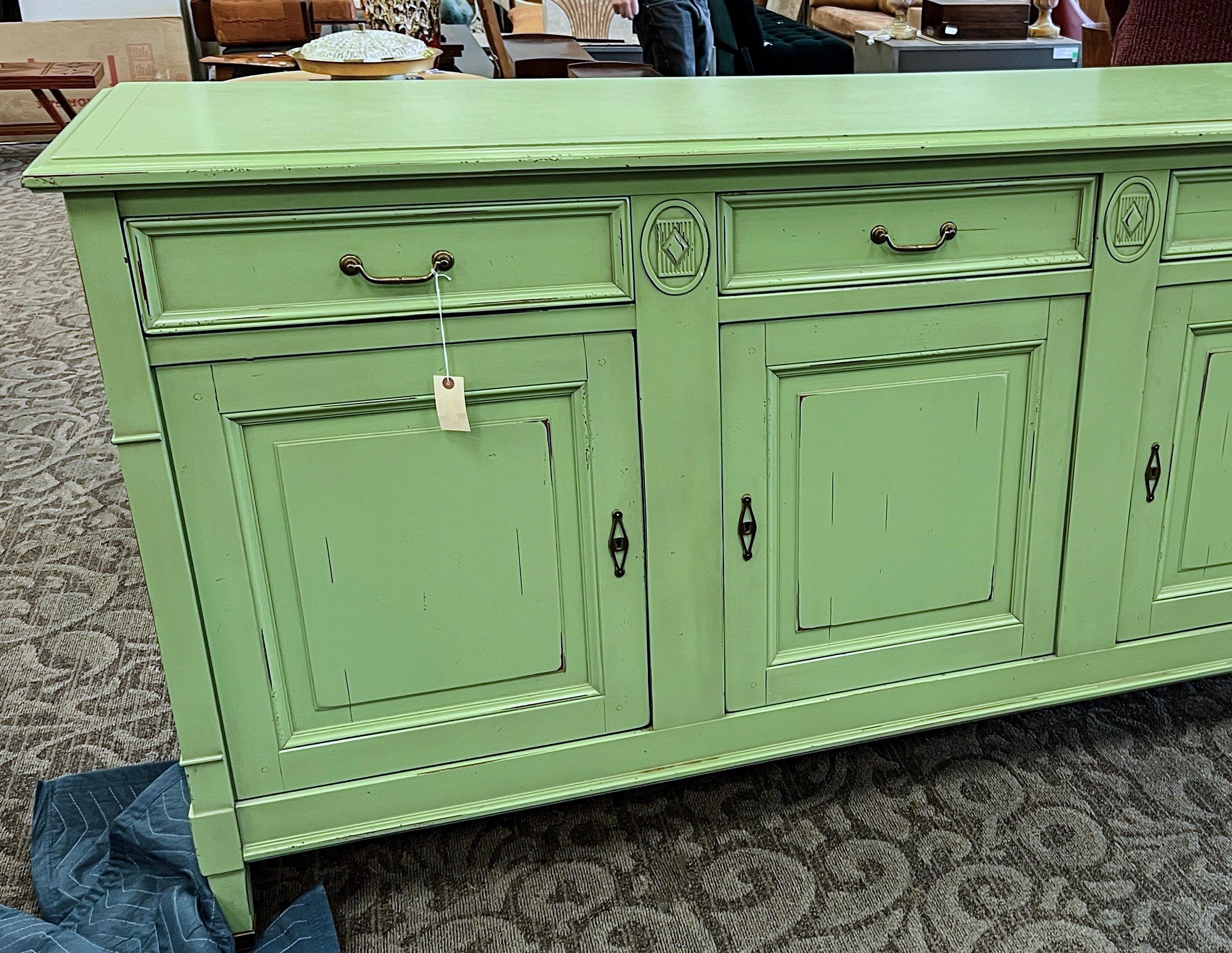 Polychromed French Provincial Custom Green Grange Furniture Cupboard, Sideboard, Handmade