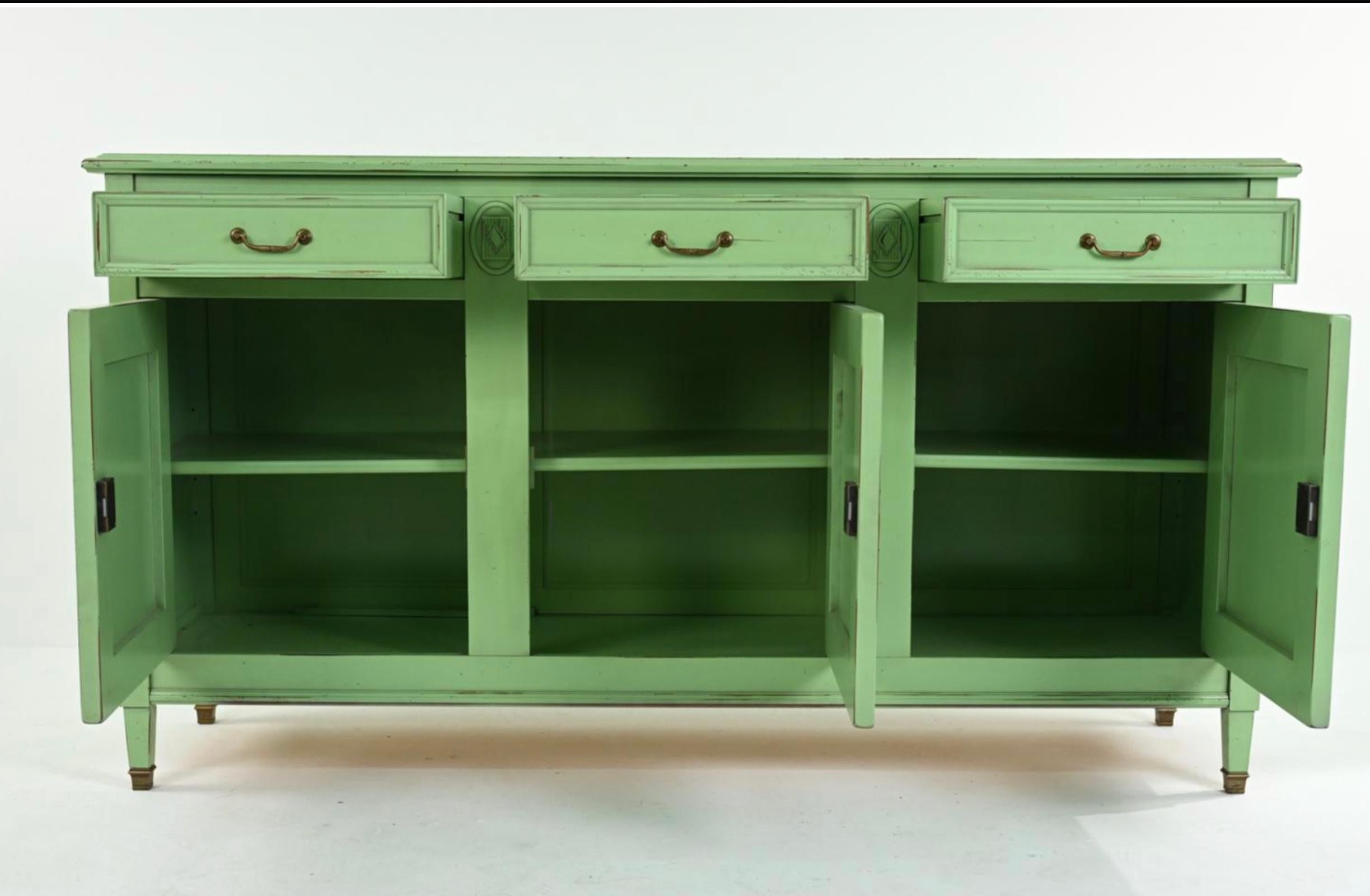 French Provincial custom green Grange furniture cupboard, sideboard, handmade. With label verso. Signed by craftsman. Contemporary French cabinet with green decorative painting. Brass foot caps. Dimensions: H 40.75